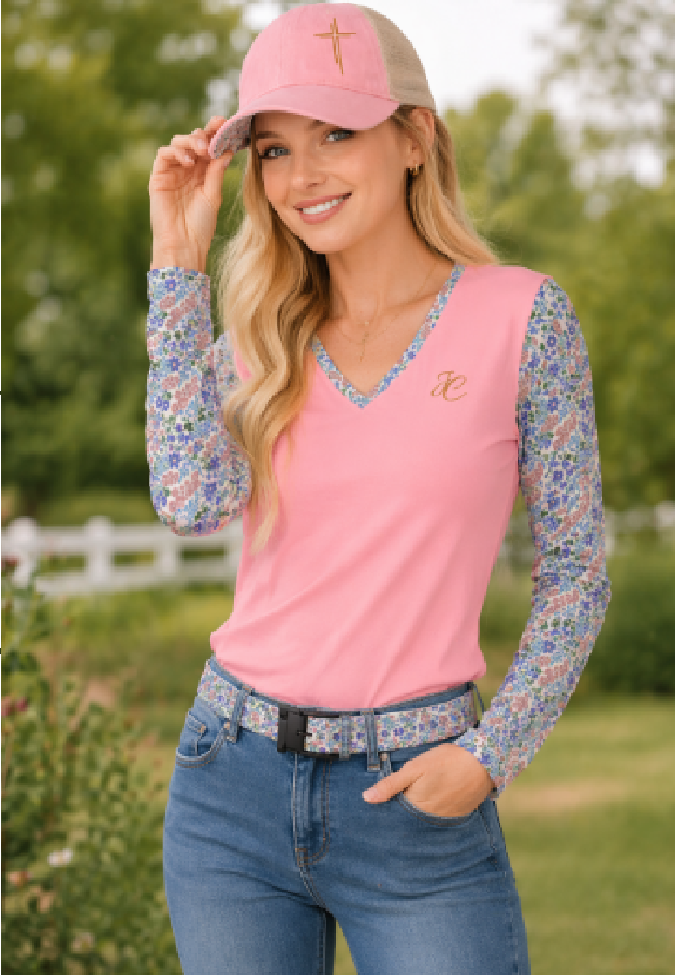 Pink floral pattern Long Sleeve T-Shirt - JC emblem