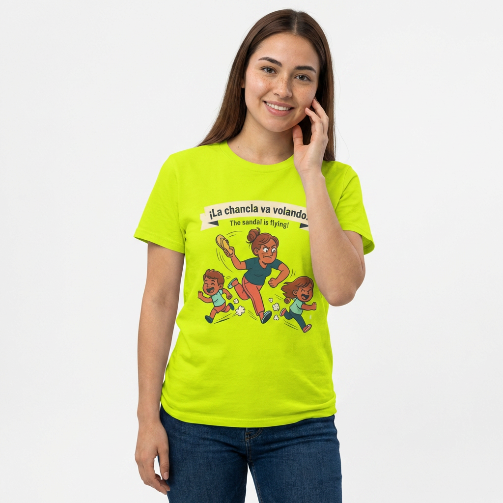 La Chancla Va Volando! Graphic Tee — Funny Mom Sandal Chasing Kids Shirt product thumbnail image La Chancla Va Volando! Graphic Tee — Funny Mom Sandal Chasing Kids Shirt product thumbnail image