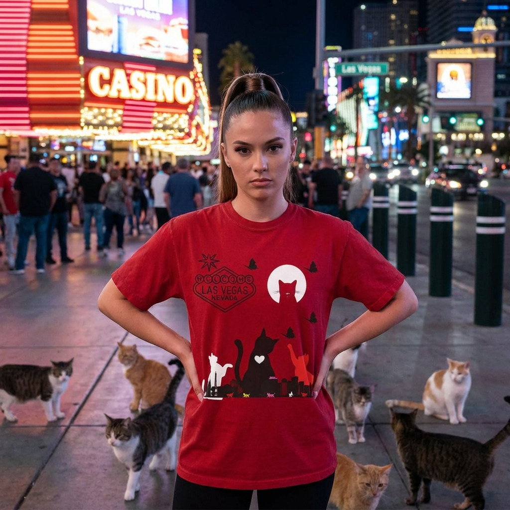 Las Vegas Cat Skyline T-Shirt — Neon Kitty Silhouette Graphic Tee product thumbnail image Las Vegas Cat Skyline T-Shirt — Neon Kitty Silhouette Graphic Tee product thumbnail image