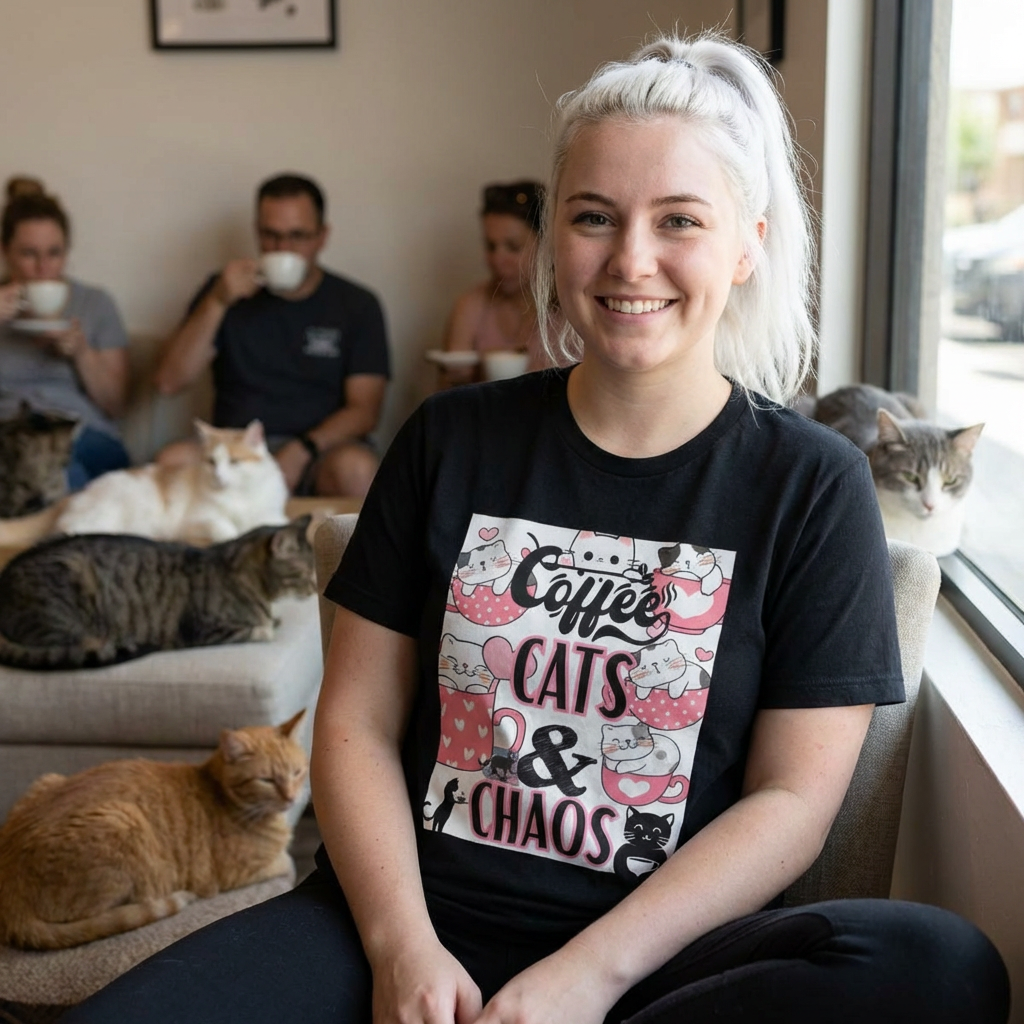 Coffee, Cats & Chaos T‑Shirt — Cute Cat and Coffee Graphic Tee product thumbnail image Coffee, Cats & Chaos T‑Shirt — Cute Cat and Coffee Graphic Tee product thumbnail image
