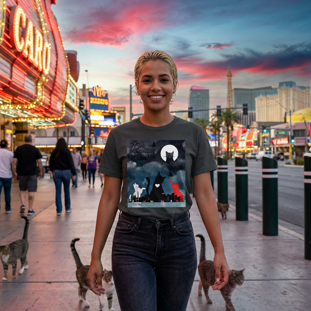 Cat Silhouette Night T-Shirt — Moonlit Cats with Heart Accent product thumbnail image Cat Silhouette Night T-Shirt — Moonlit Cats with Heart Accent product thumbnail image