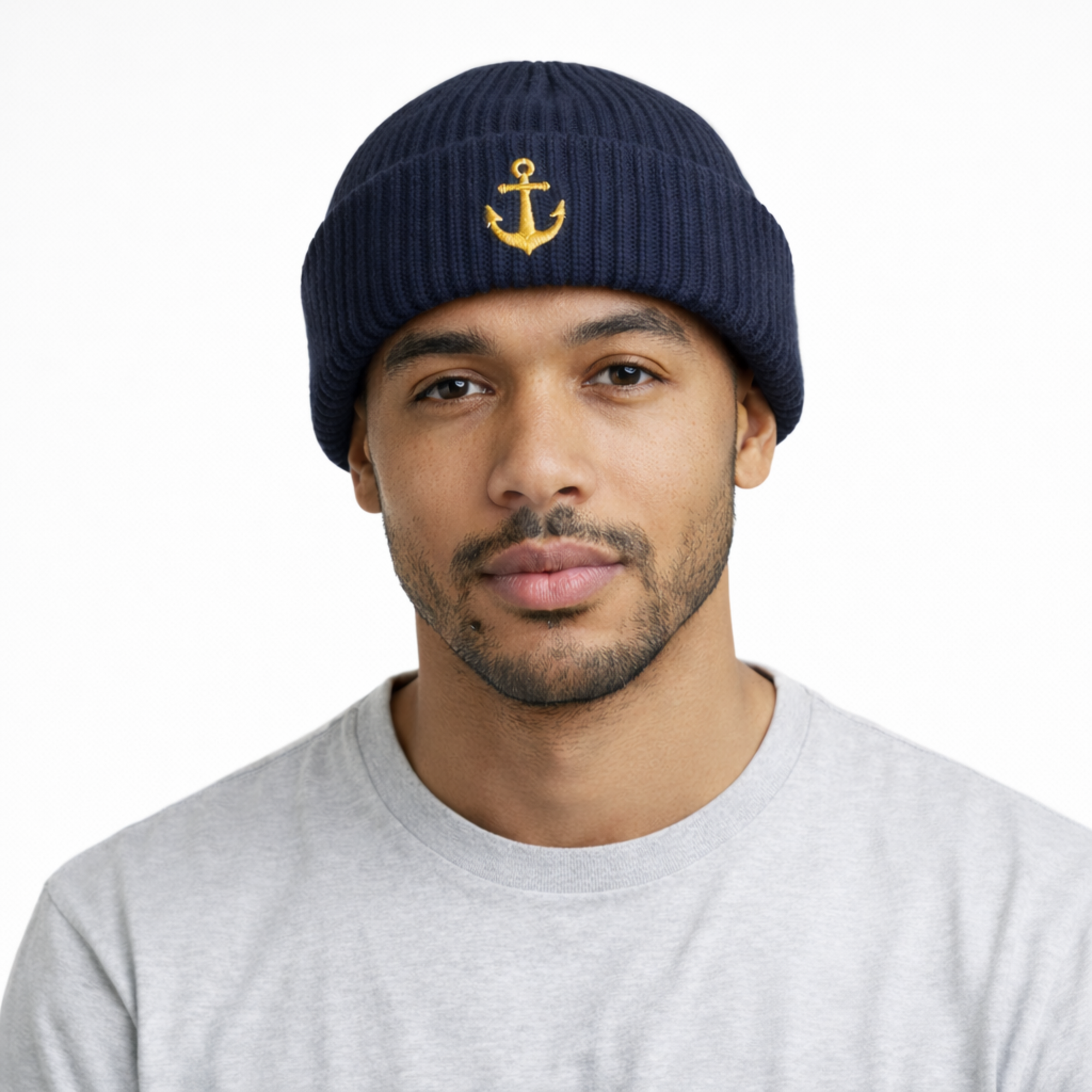 Anchor Embroidered Cuff Beanie — Nautical Knit Hat