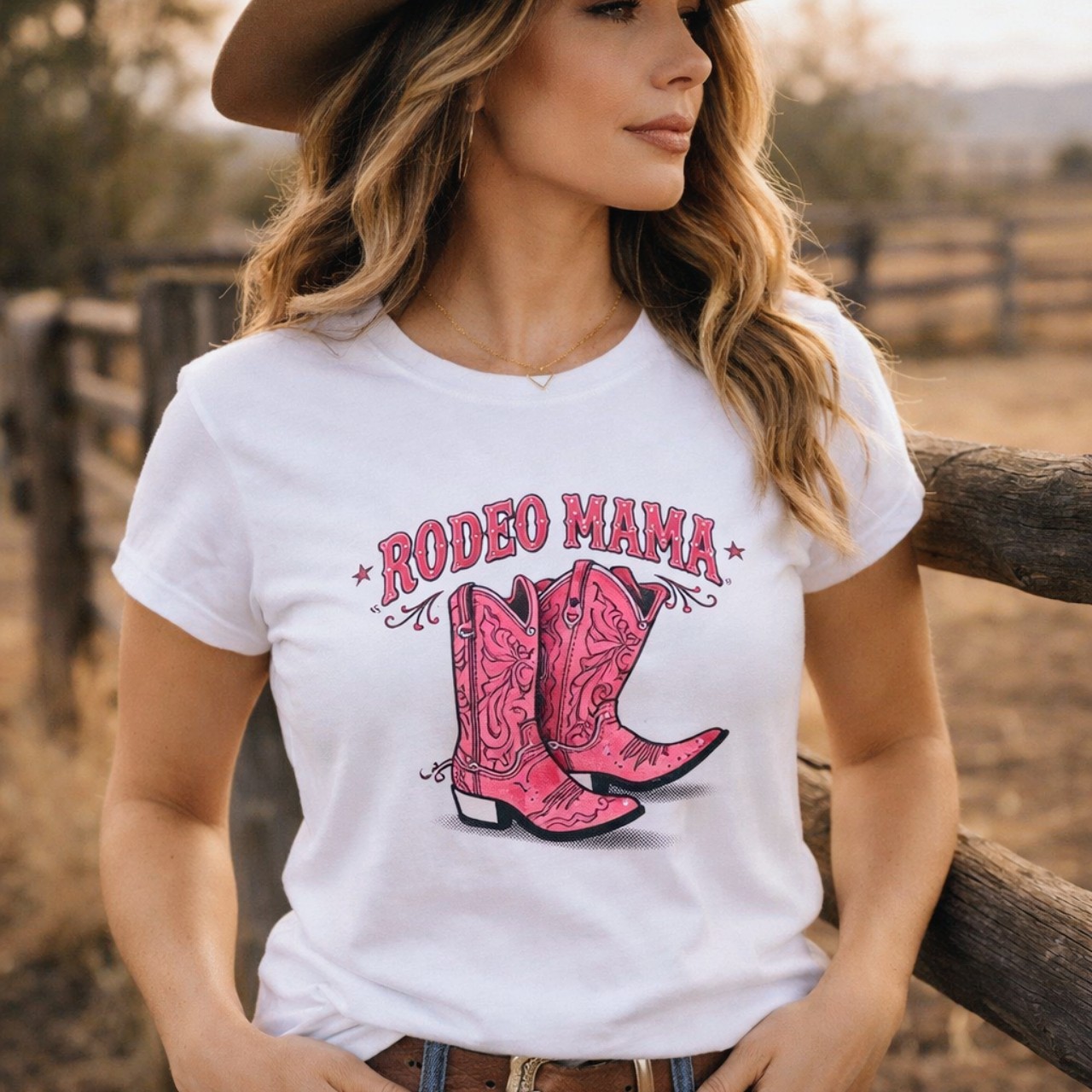 Rodeo Mama Women's Tee — Pink Cowboy Boots Graphic