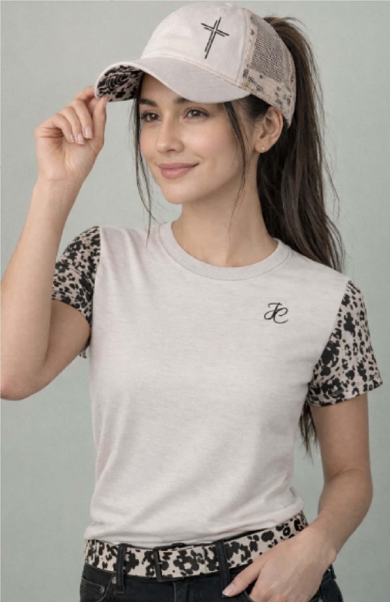 Women's Long Horn pattern Cut &amp; Sew Tee - JC emblem