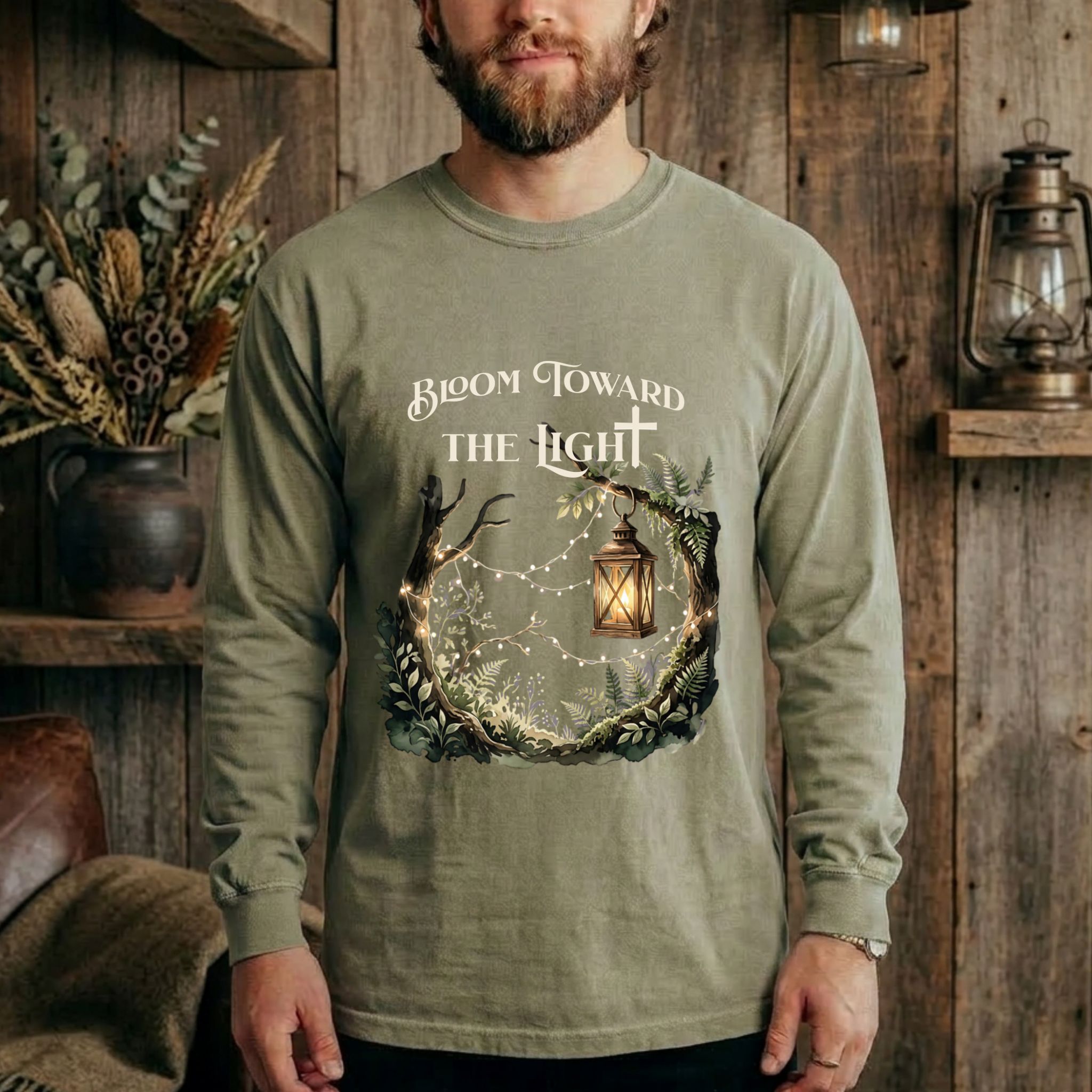 Bloom Toward The Light | Nature + Lantern Long Sleeve Shirt – Christian Graphic Shirt (Comfort Colors 6014) product thumbnail image