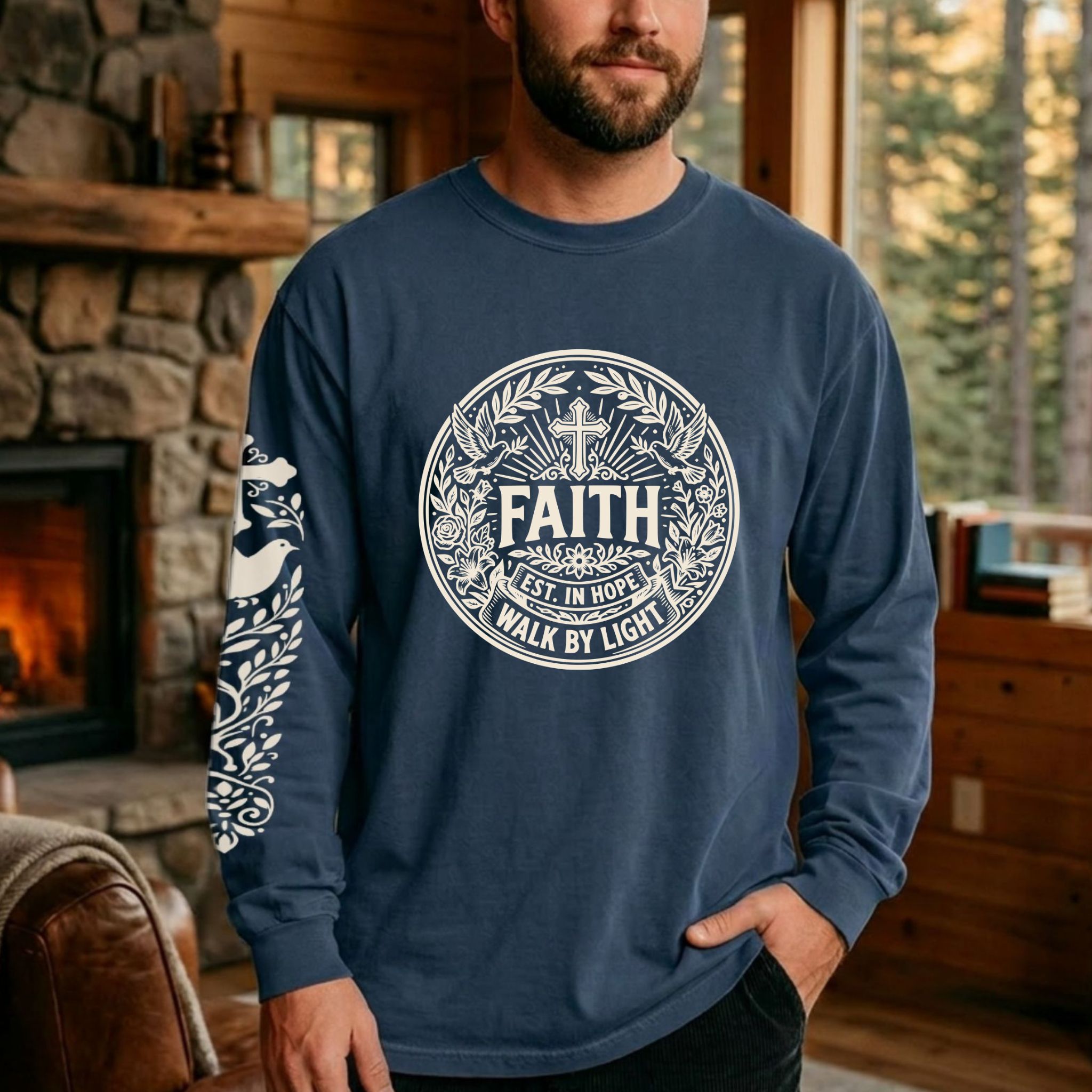 Faith Est. In Hope Walk By Light | Cross + Doves Long Sleeve Shirt – Christian Graphic Shirt (Comfort Colors 6014)