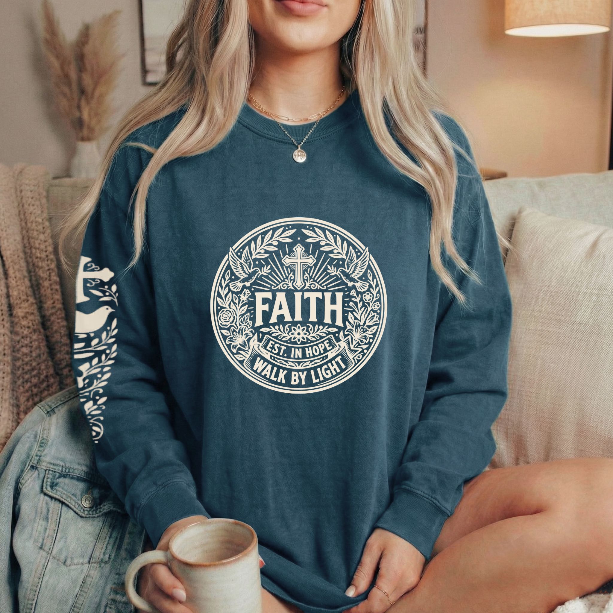 Faith Est. In Hope Walk By Light | Cross + Doves Long Sleeve Shirt – Christian Graphic Shirt (Comfort Colors 6014) product thumbnail image Faith Est. In Hope Walk By Light | Cross + Doves Long Sleeve Shirt – Christian Graphic Shirt (Comfort Colors 6014) product thumbnail image
