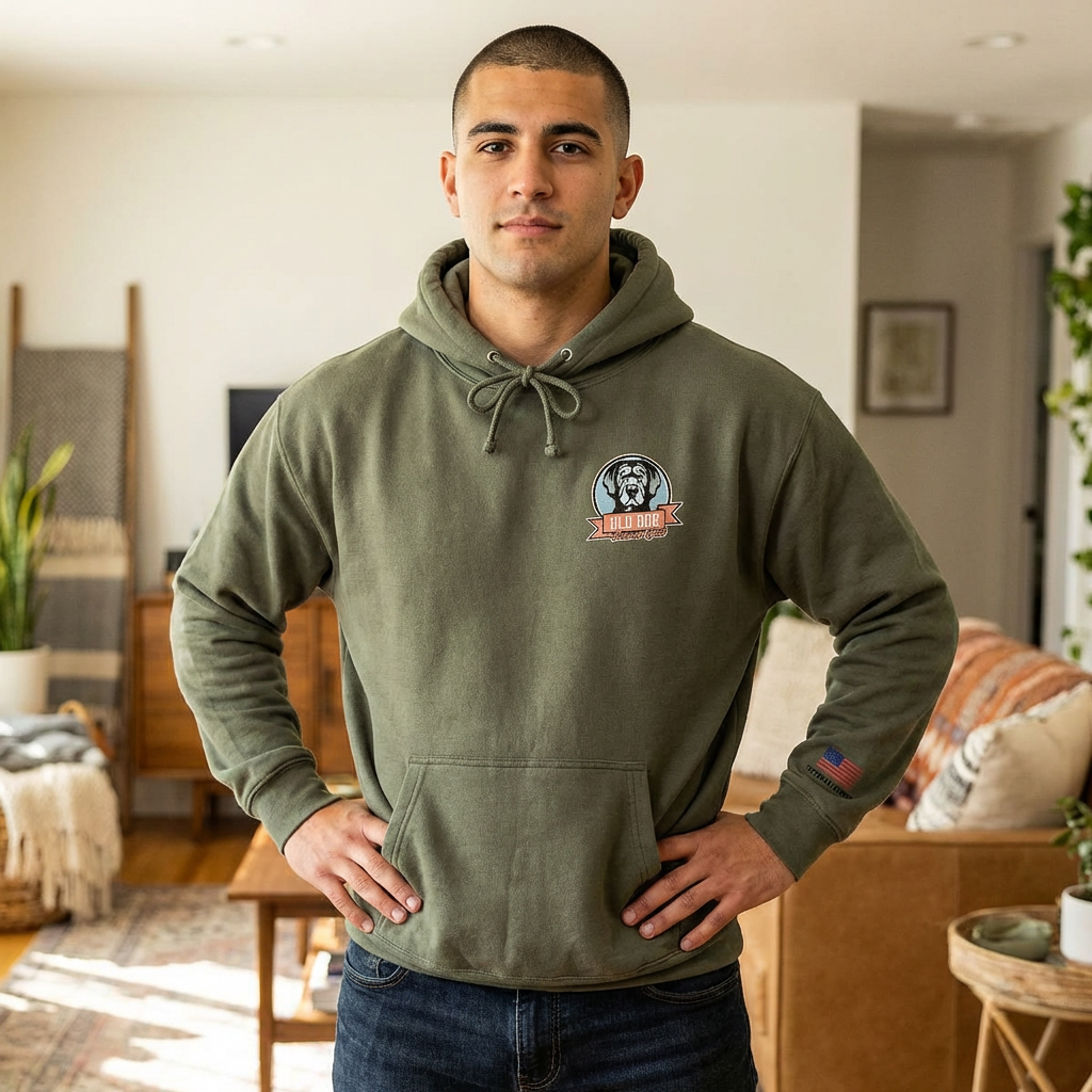 Men's Fleece Hoodie (We Smoke We Rub) with Small Chest Logo and American Flag Sleeve product thumbnail image Men's Fleece Hoodie (We Smoke We Rub) with Small Chest Logo and American Flag Sleeve product thumbnail image