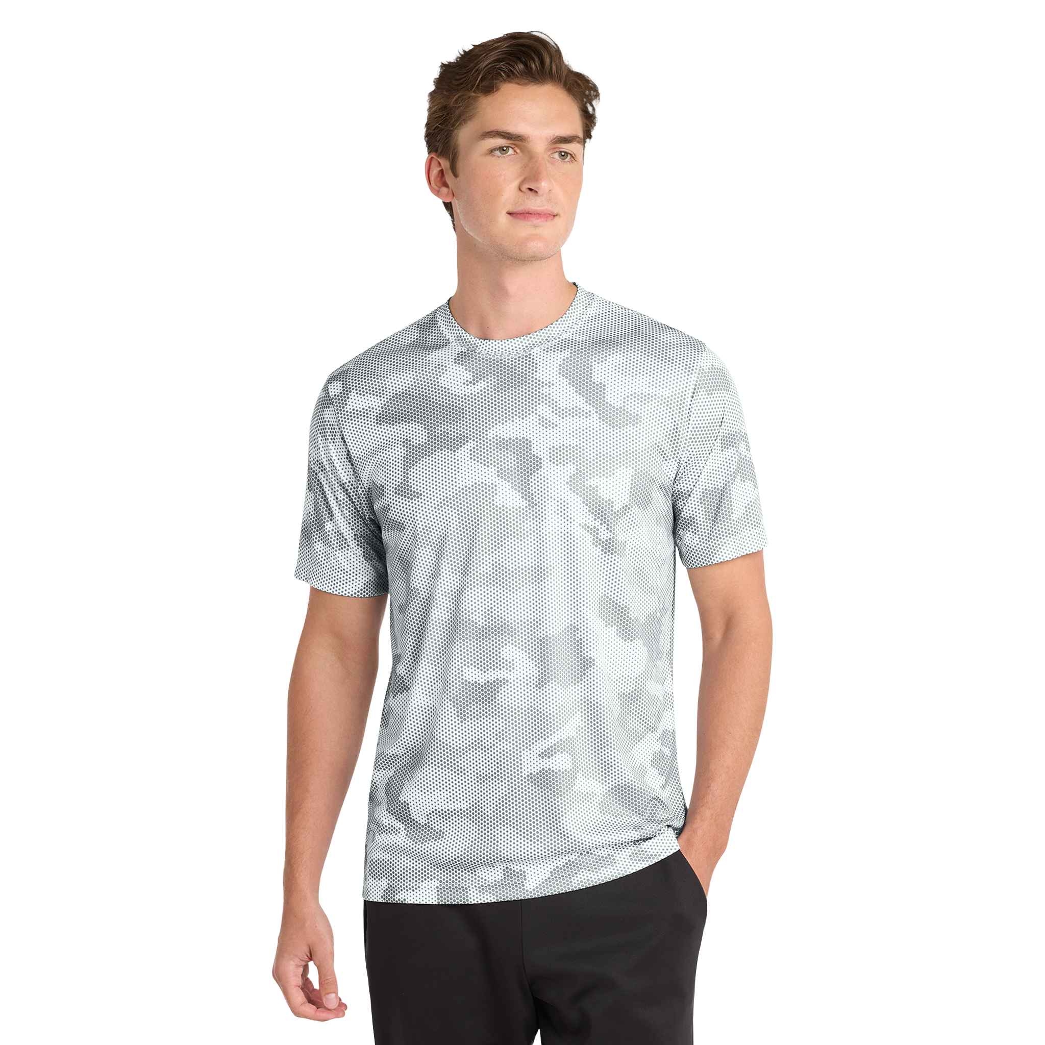 Camo Hex pattern T-Shirt | Camo back, BAMF chest print – XS, White