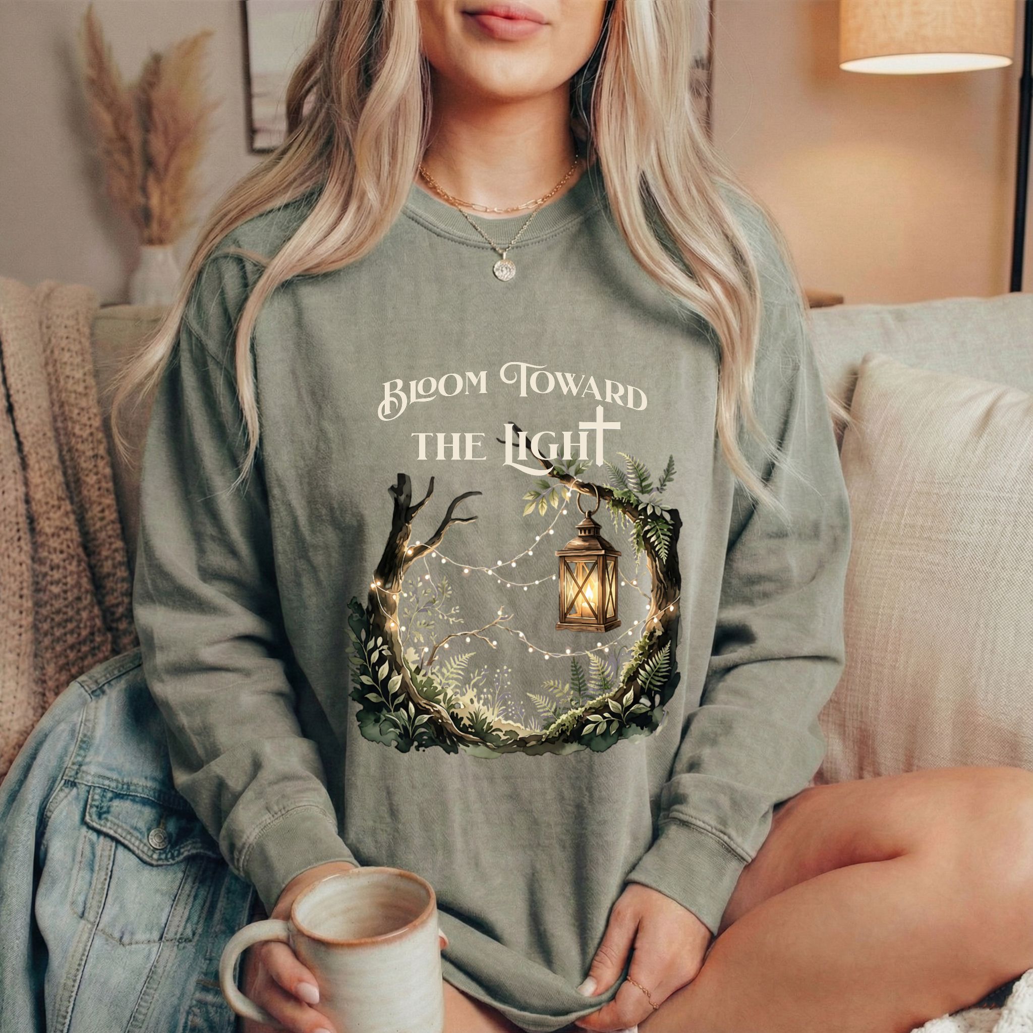 Bloom Toward The Light | Nature + Lantern Long Sleeve Shirt – Christian Graphic Shirt (Comfort Colors 6014) product thumbnail image