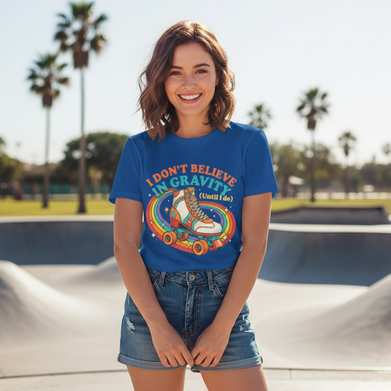 Retro Roller Skate Tee — "I Don't Believe in Gravity" Women's Graphic T-Shirt