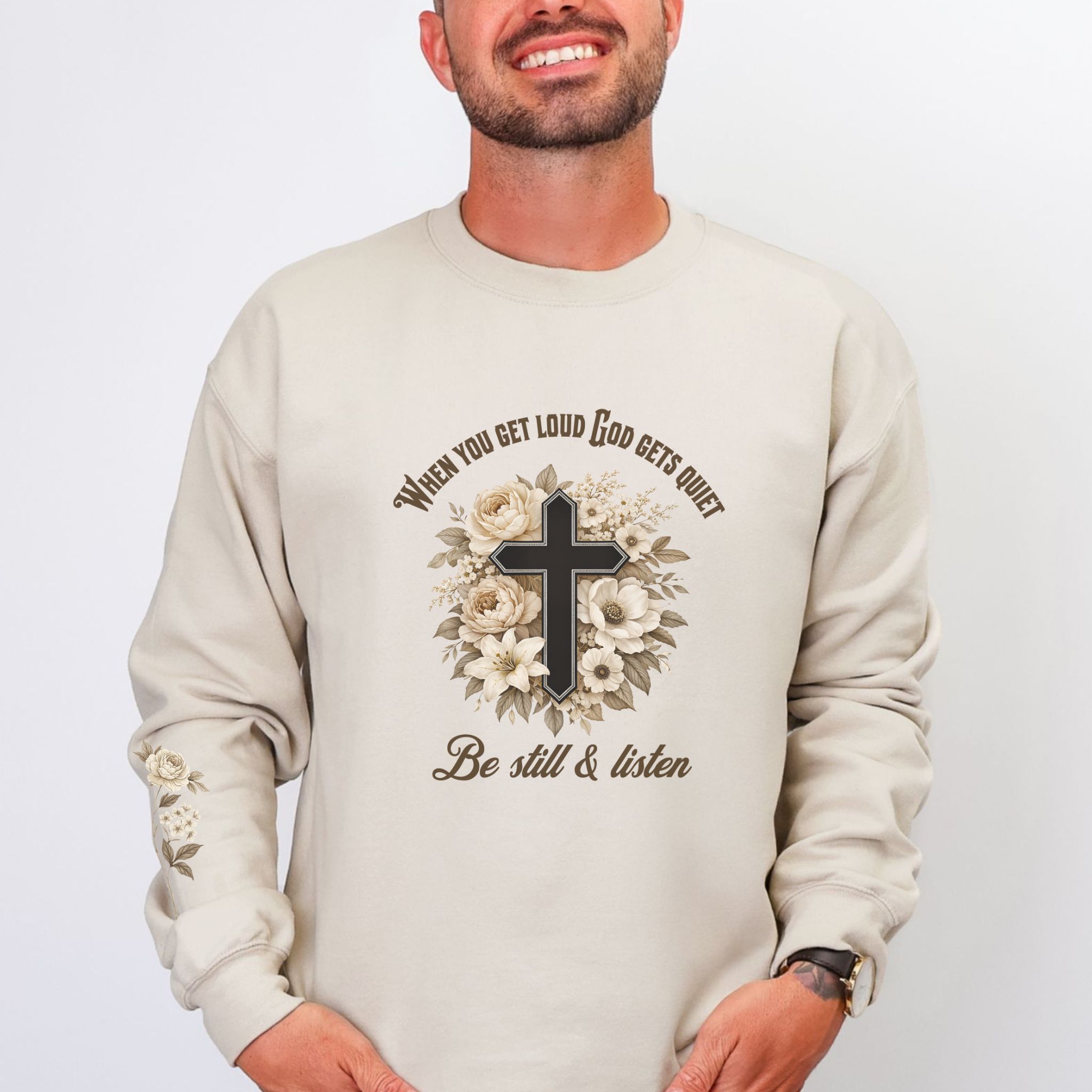 God Gets Quiet Floral Cross Sweatshirt | Faith Graphic Crewneck product thumbnail image God Gets Quiet Floral Cross Sweatshirt | Faith Graphic Crewneck product thumbnail image