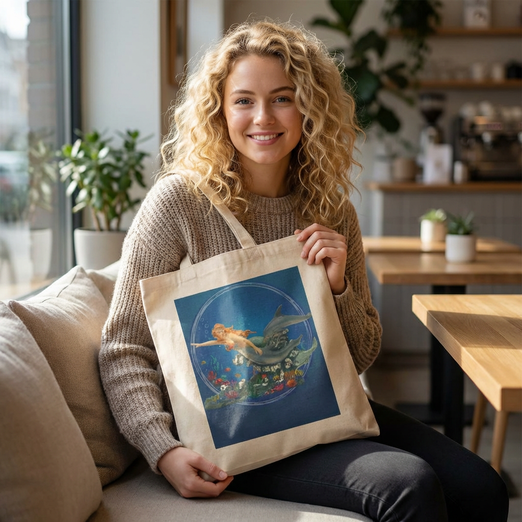 Mermaid & Dolphin Cotton Tote Bag — Ocean Fantasy Beach Market Tote product thumbnail image Mermaid & Dolphin Cotton Tote Bag — Ocean Fantasy Beach Market Tote product thumbnail image