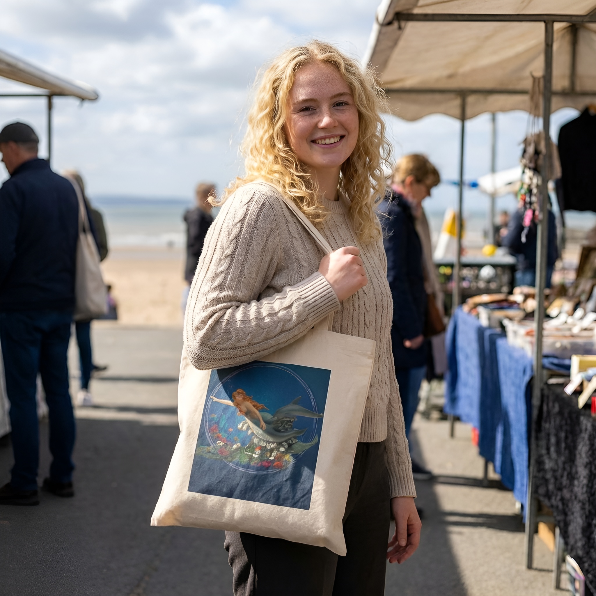 Mermaid &amp; Dolphin Cotton Tote Bag — Ocean Fantasy Beach Market Tote