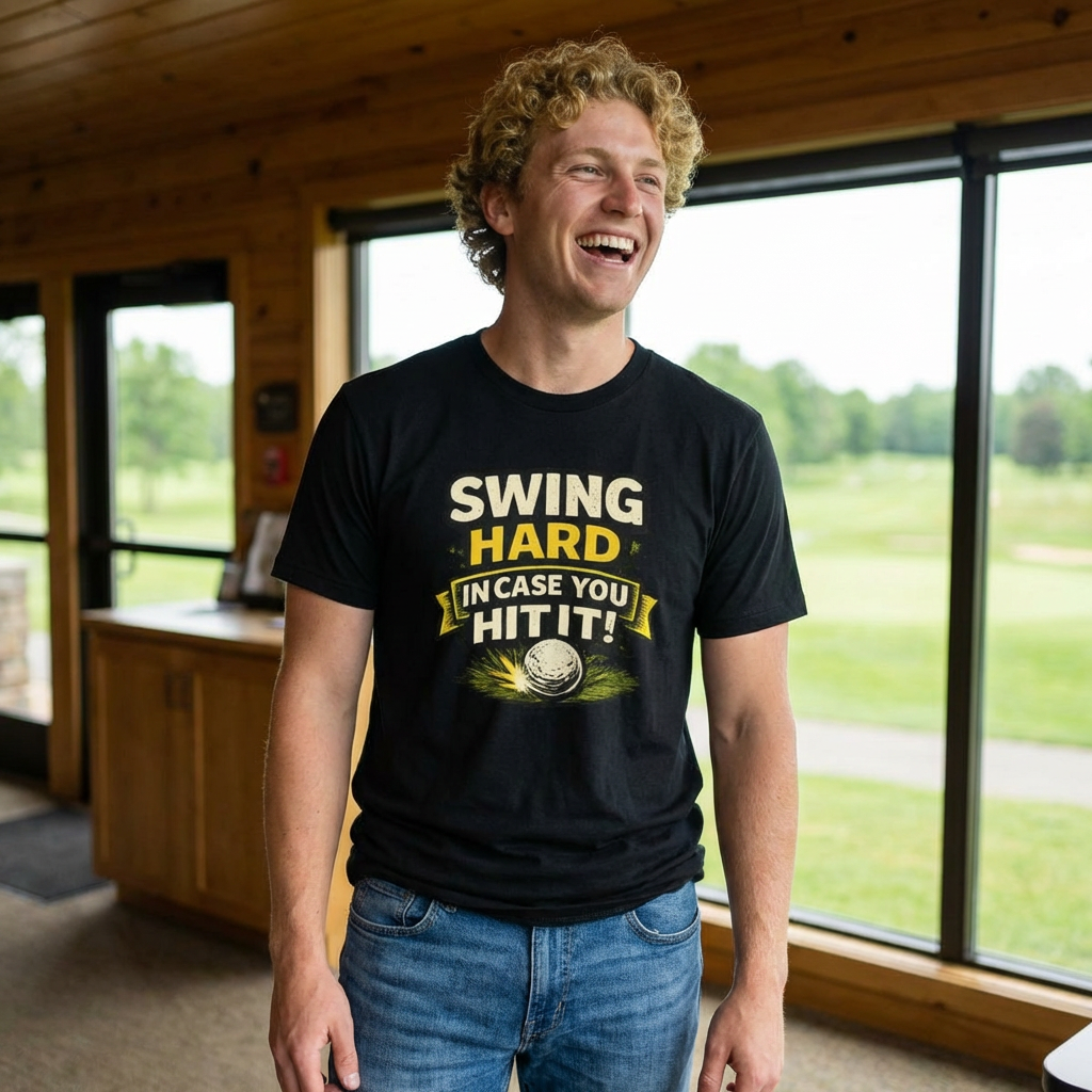 Swing Hard Golf T‑Shirt – "Swing Hard in Case You Hit It" Funny Golf Shirt product thumbnail image