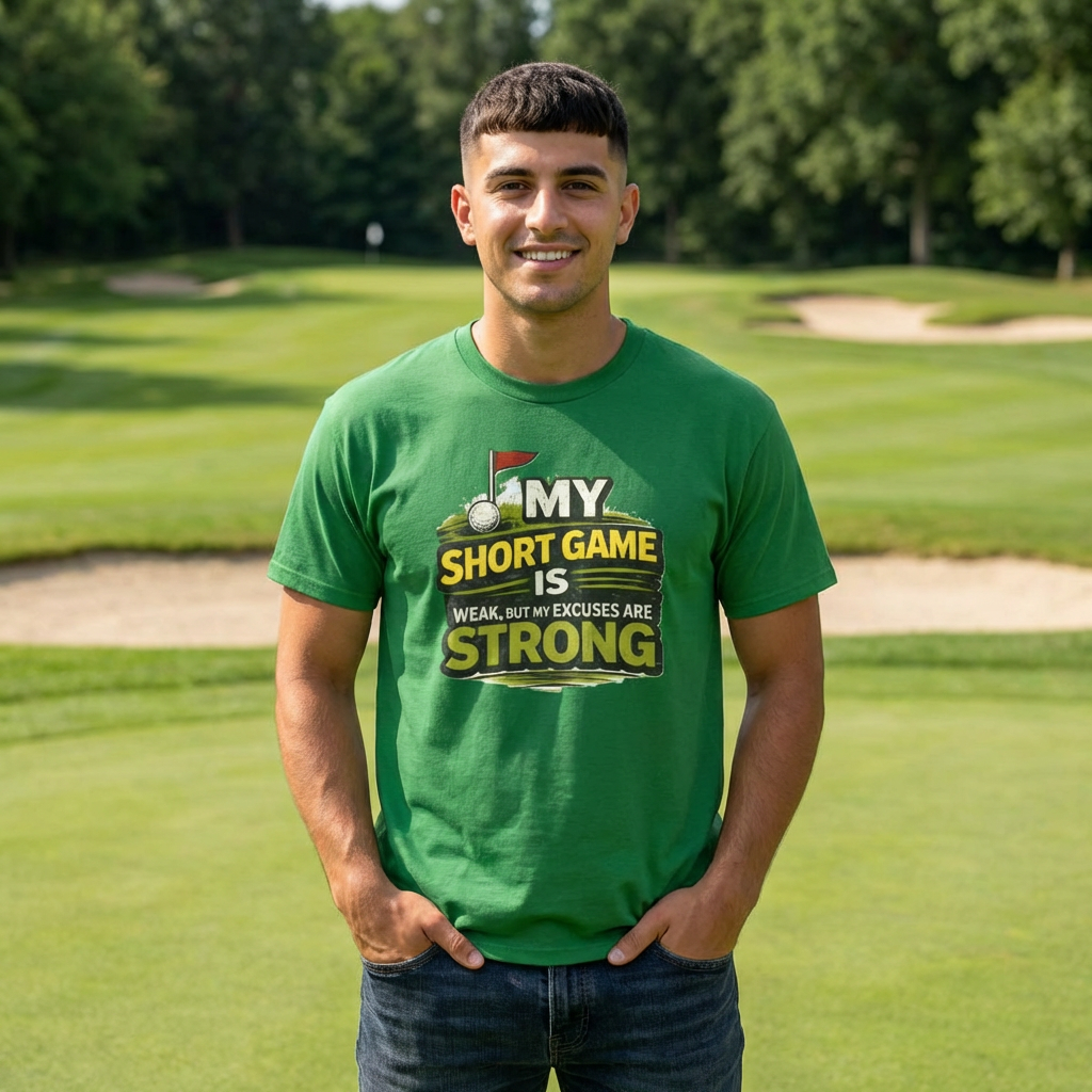 Golf T-Shirt — “My Short Game Is Weak But My Excuses Are Strong” Funny Golf Tee product thumbnail image