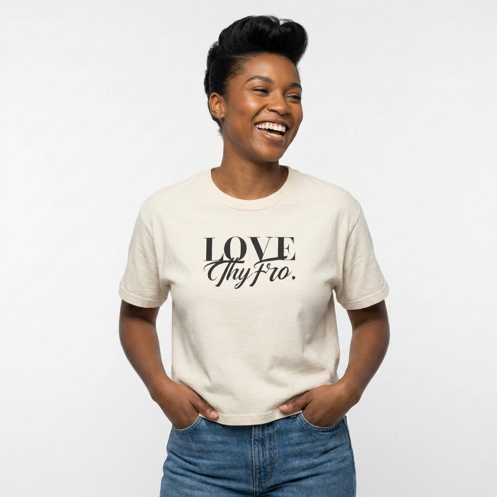 Afro Hair Type Hairstyle "Love Thy Fro" Black Women Natural Hair Appreciation Boxy Cropped Tee product thumbnail image Afro Hair Type Hairstyle "Love Thy Fro" Black Women Natural Hair Appreciation Boxy Cropped Tee product thumbnail image