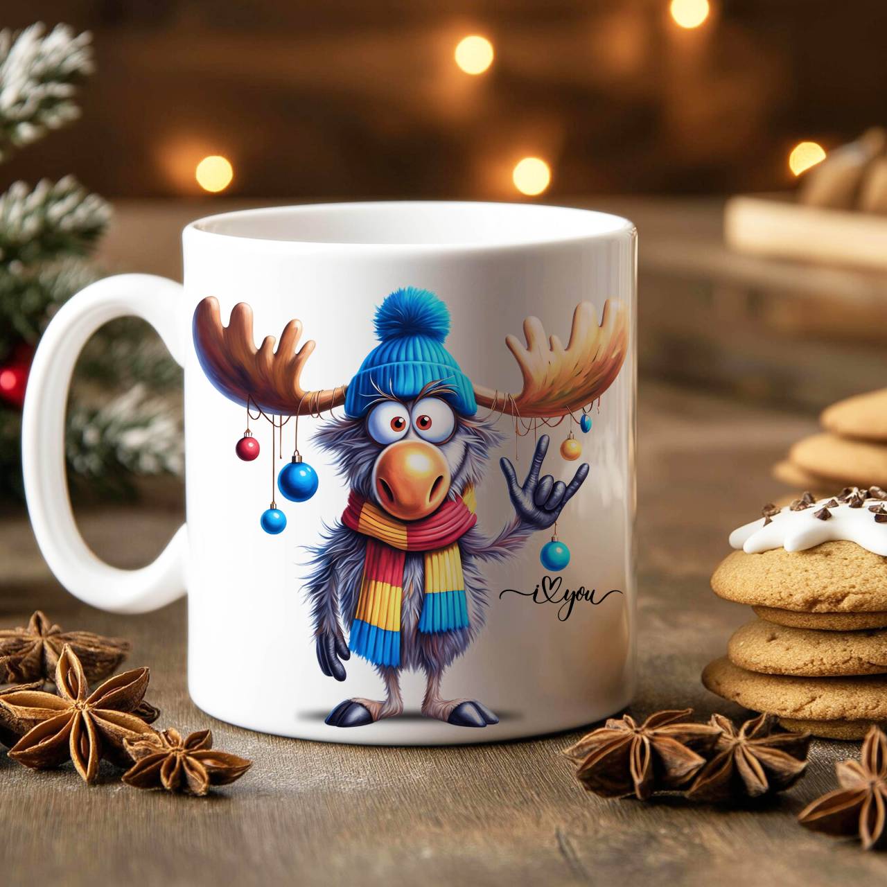 ASL ILY Cute Moose Ornament Coffee Mug — Holiday Moose with Baubles Ceramic Mug (11oz, 15oz)