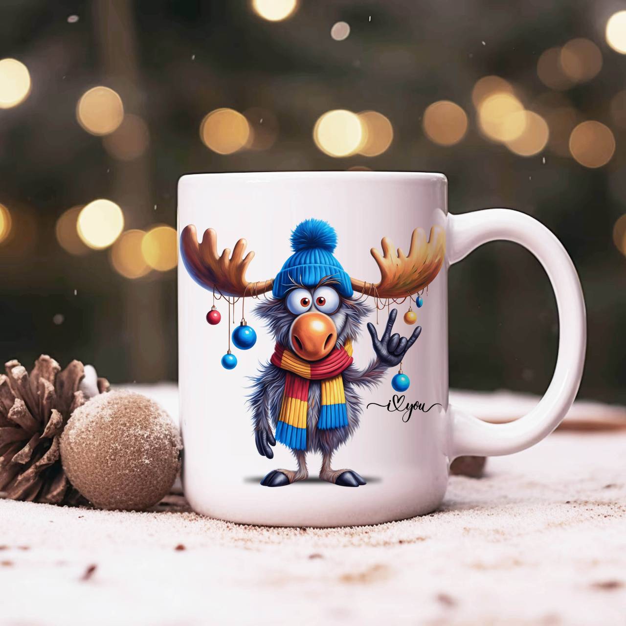 ASL ILY Cute Moose Ornament Coffee Mug — Holiday Moose with Baubles Ceramic Mug (11oz, 15oz) product thumbnail image