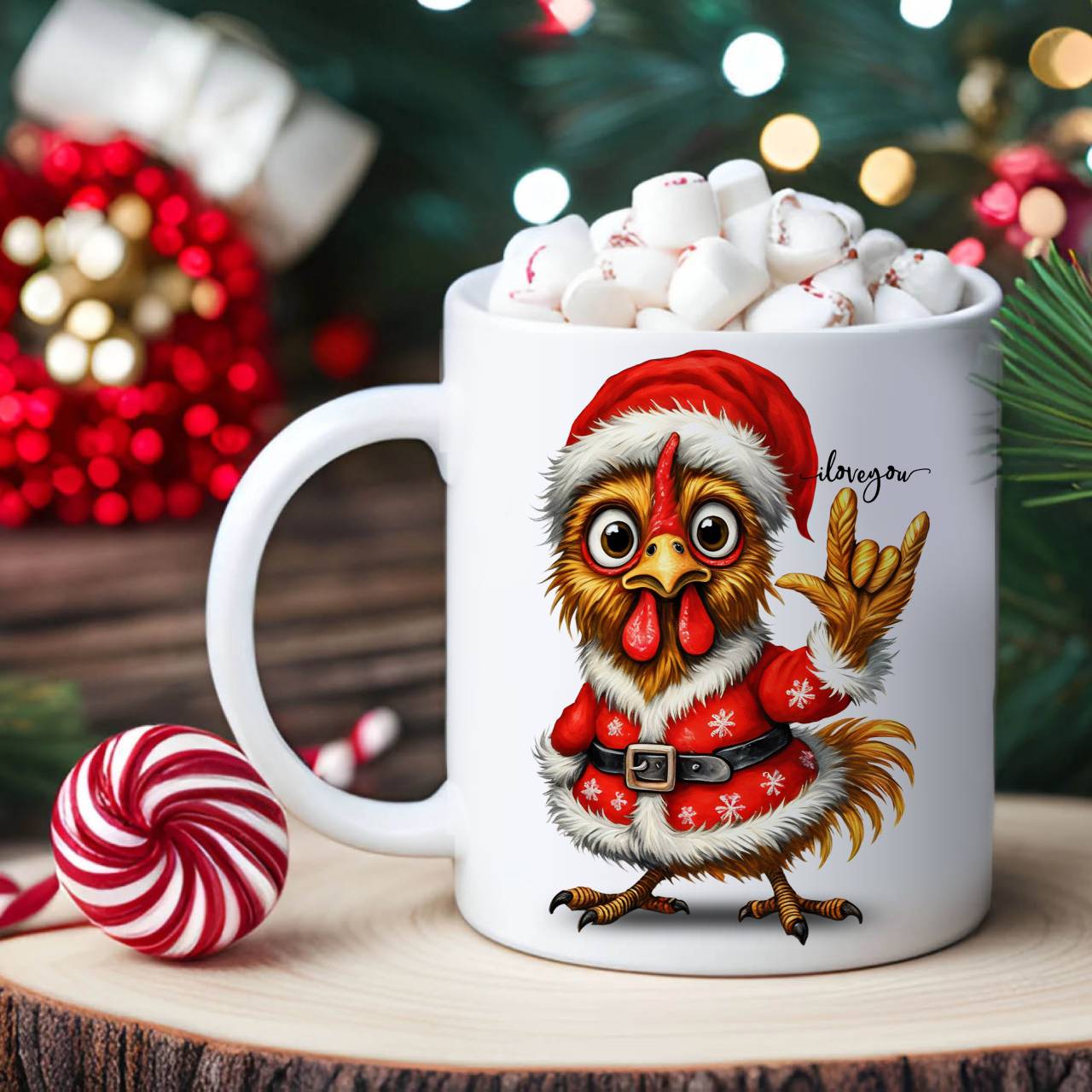 ASL ILY Christmas Rooster Ceramic Mug (11oz &amp; 15oz) - American Sign Language I Love You Cute Santa Rooster Holiday Coffee Cup product thumbnail image