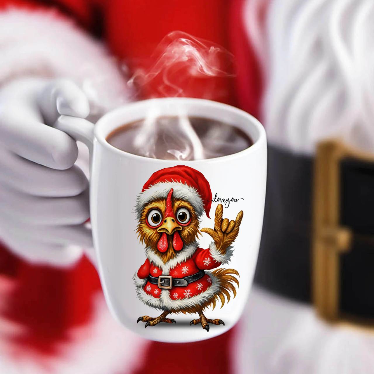 ASL ILY Christmas Rooster Ceramic Mug (11oz &amp; 15oz) - American Sign Language I Love You Cute Santa Rooster Holiday Coffee Cup product thumbnail image