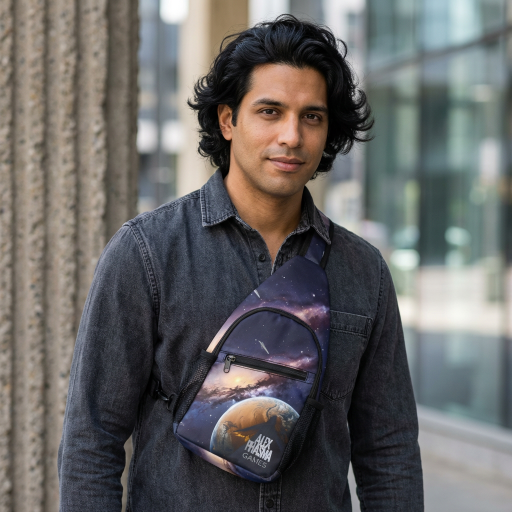 Well travelled galaxy print Chest Bag — featuring the Alex Phasma Games, Planetary Logo product thumbnail image Well travelled galaxy print Chest Bag — featuring the Alex Phasma Games, Planetary Logo product thumbnail image