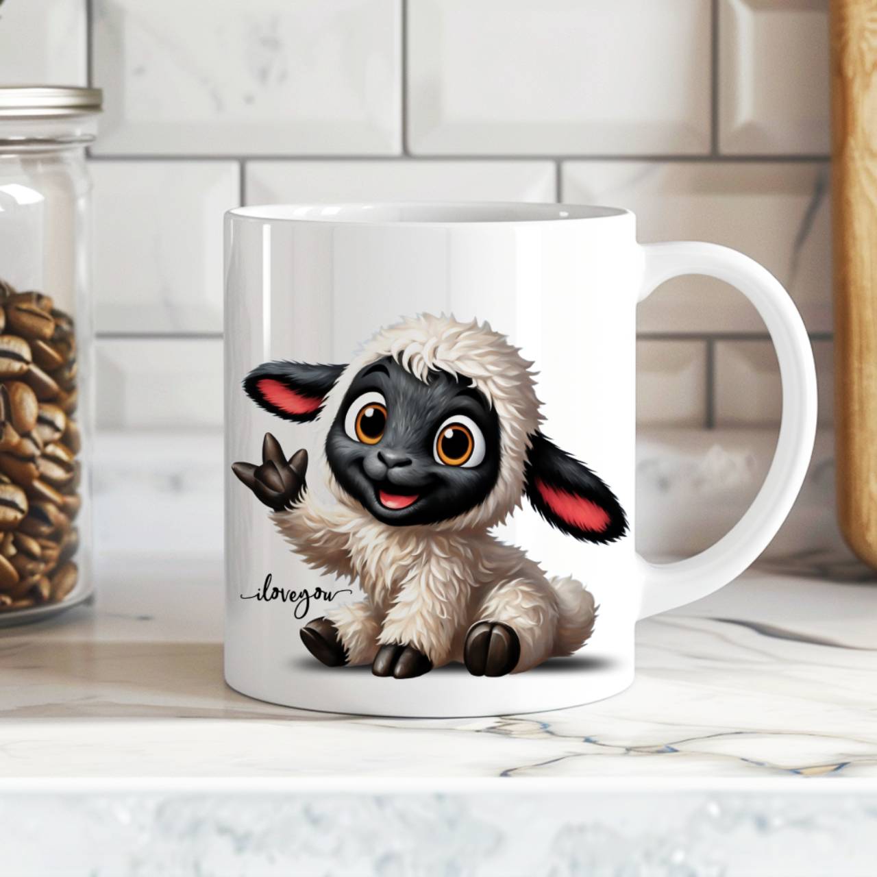 ASL ILY Cute Fluffy Blacknose Sheep Ceramic Mug – Adorable Sheep Illustration Coffee Cup (11oz &amp; 15oz) product thumbnail image