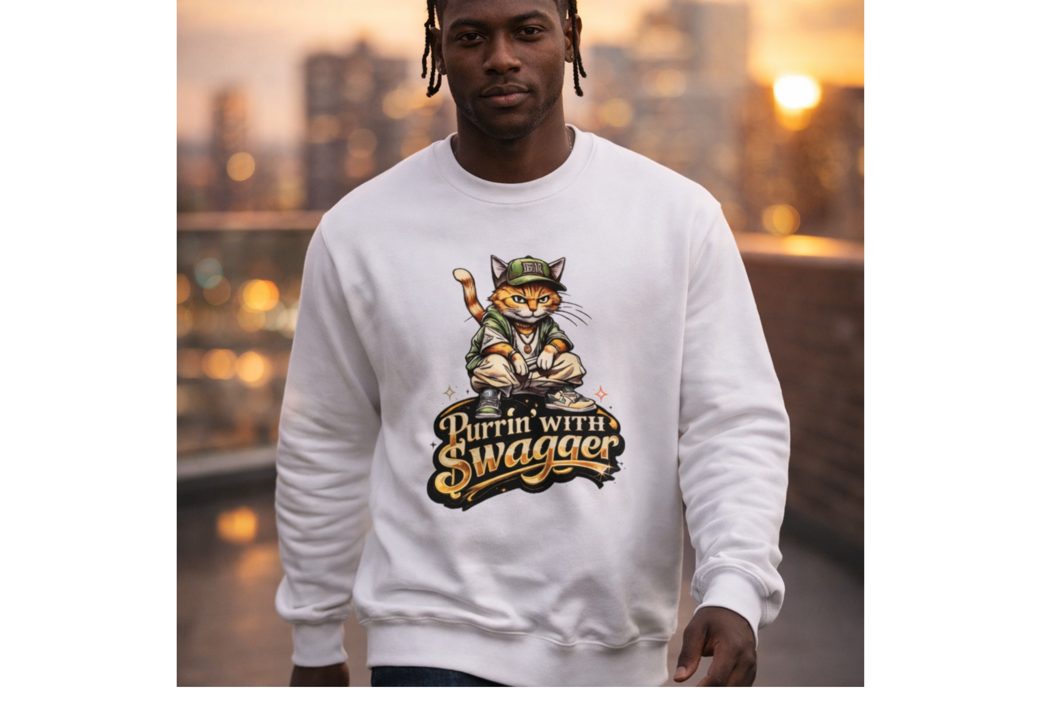 Urban Street Style Cat Sweatshirt, Cats Purring with Swagger Unisex Crewneck, Cool Design, Casual Streetwear, Hip-Hop Fashion