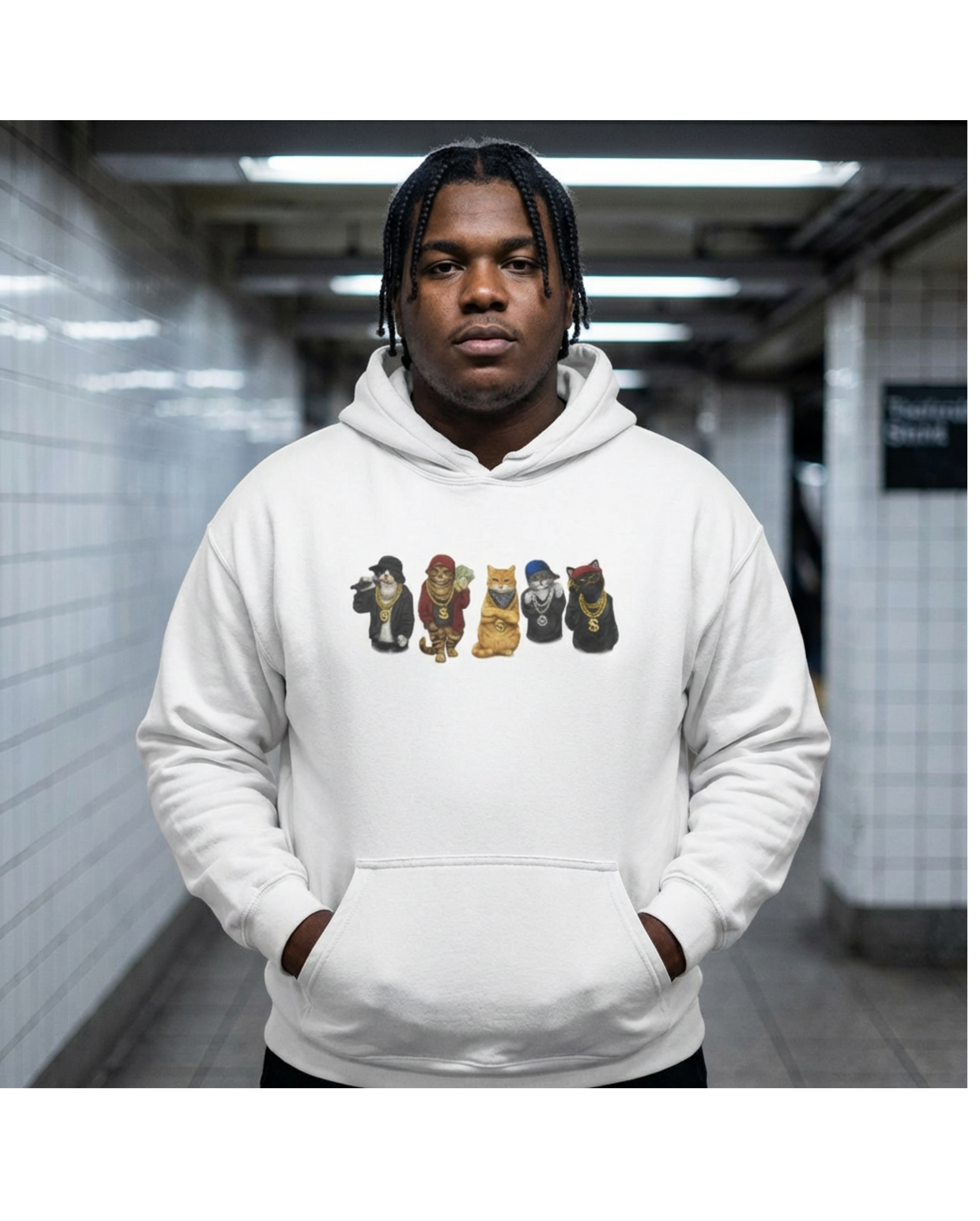 Urban Street Cat Illustration Hoodie, Cool Cats Graphic Sweatshirt, Hip-Hop Apparel, Casual Comfy Wear, Streetwise Fashion