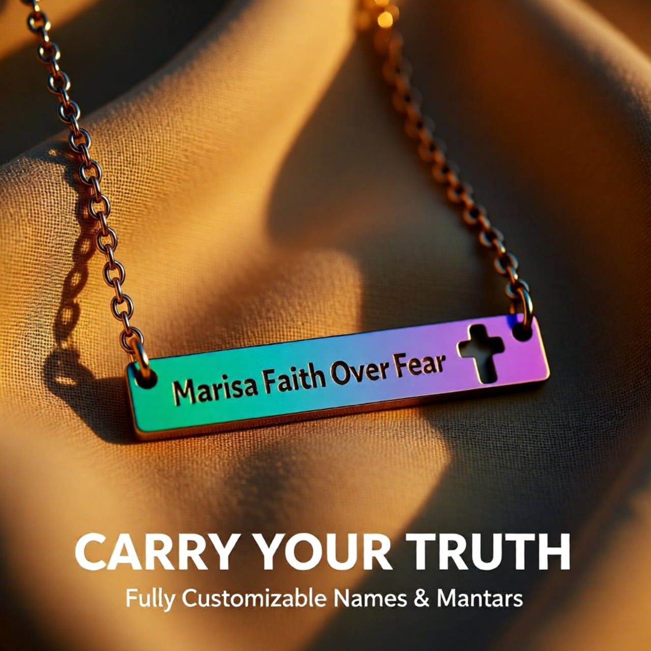 Engravable Cutout Cross Bar Necklace — Personalized Religious Pendant | Edit All Text 25 Characters Length  product thumbnail image