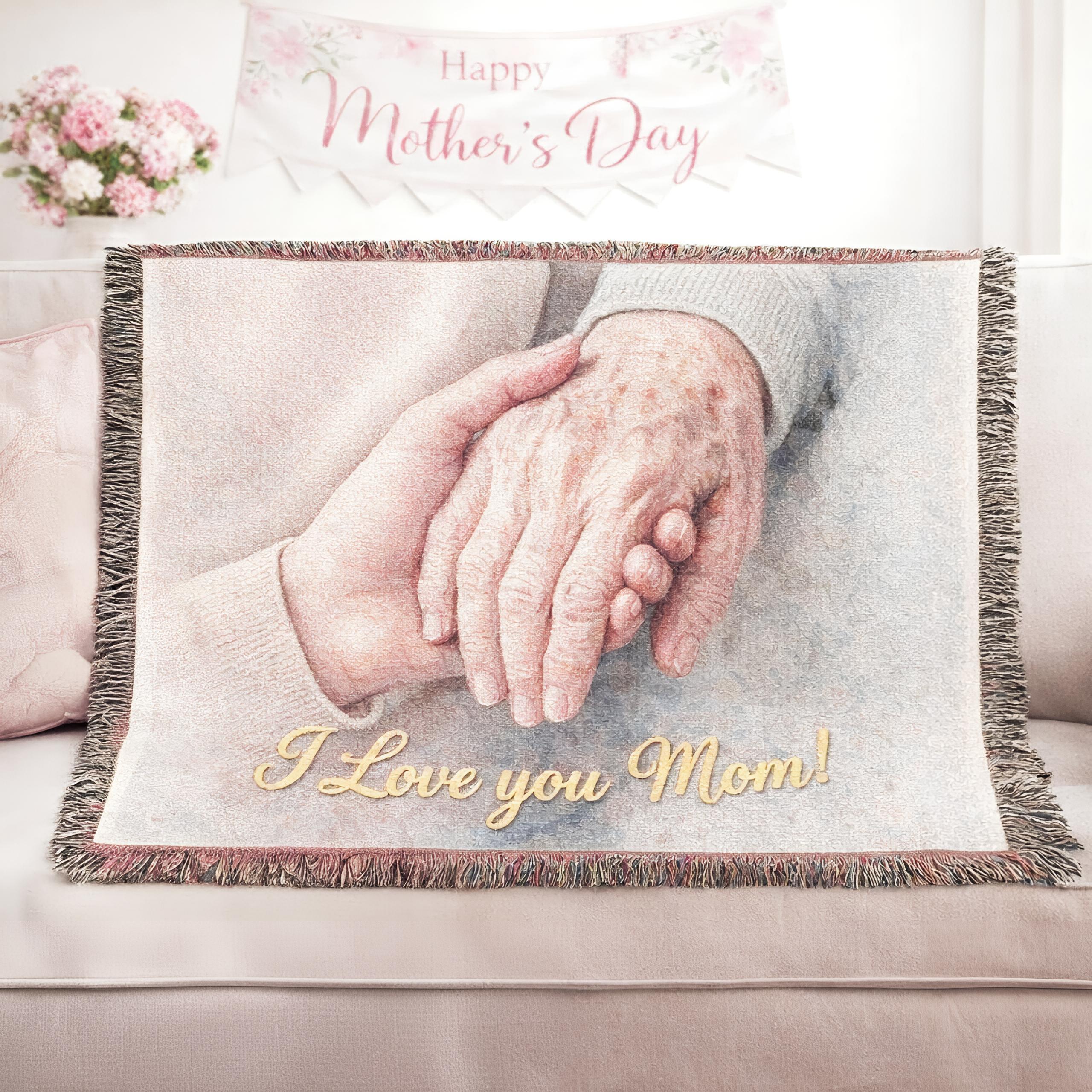 Woven Blanket - "I Love You Mom" Hand-in-Hand Keepsake Throw