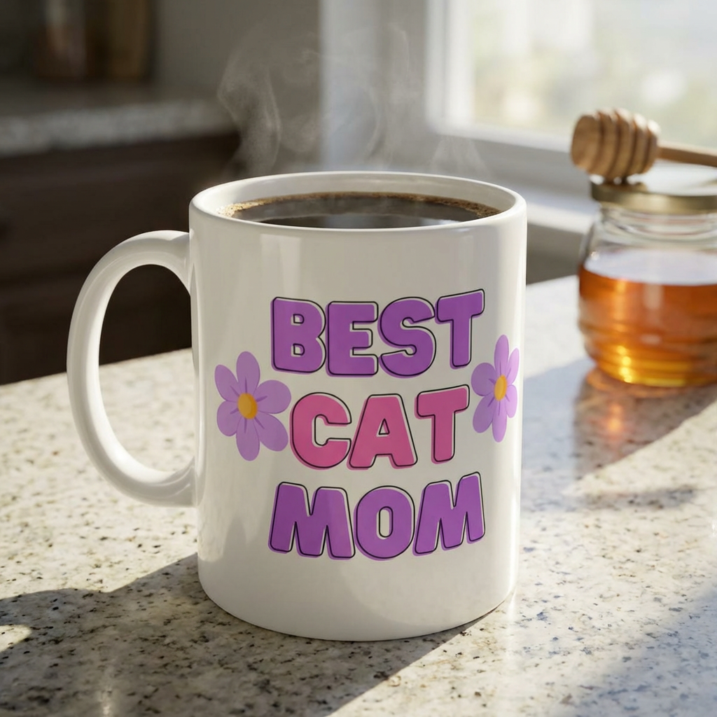 Best Cat Mom Ceramic Mug — Floral Purple Pink Pet Lover Coffee Cup (11oz &amp; 15oz) product thumbnail image