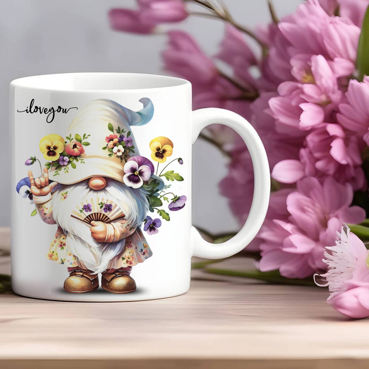 ASL ILY Gnome, Pansy Bouquet Ceramic Mug - American Sign Language 'I Love You' Floral Watercolor Tea &amp; Coffee Cup (11oz, 15oz)