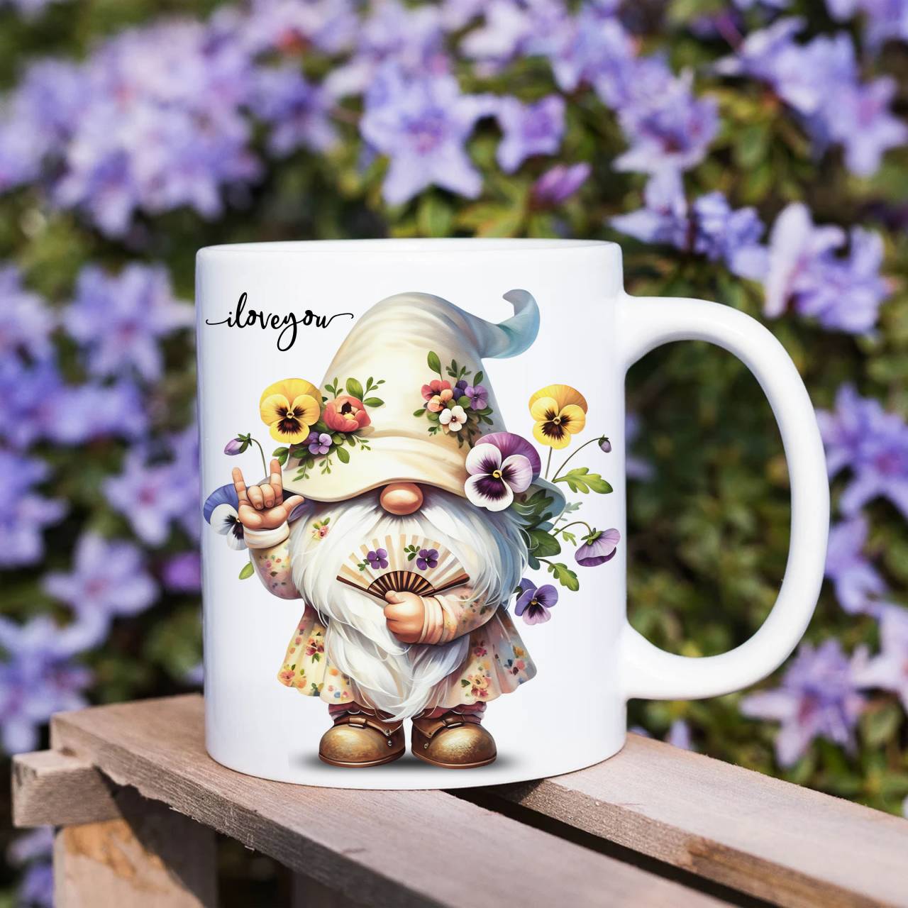 ASL ILY Gnome, Pansy Bouquet Ceramic Mug - American Sign Language 'I Love You' Floral Watercolor Tea &amp; Coffee Cup (11oz, 15oz) product thumbnail image