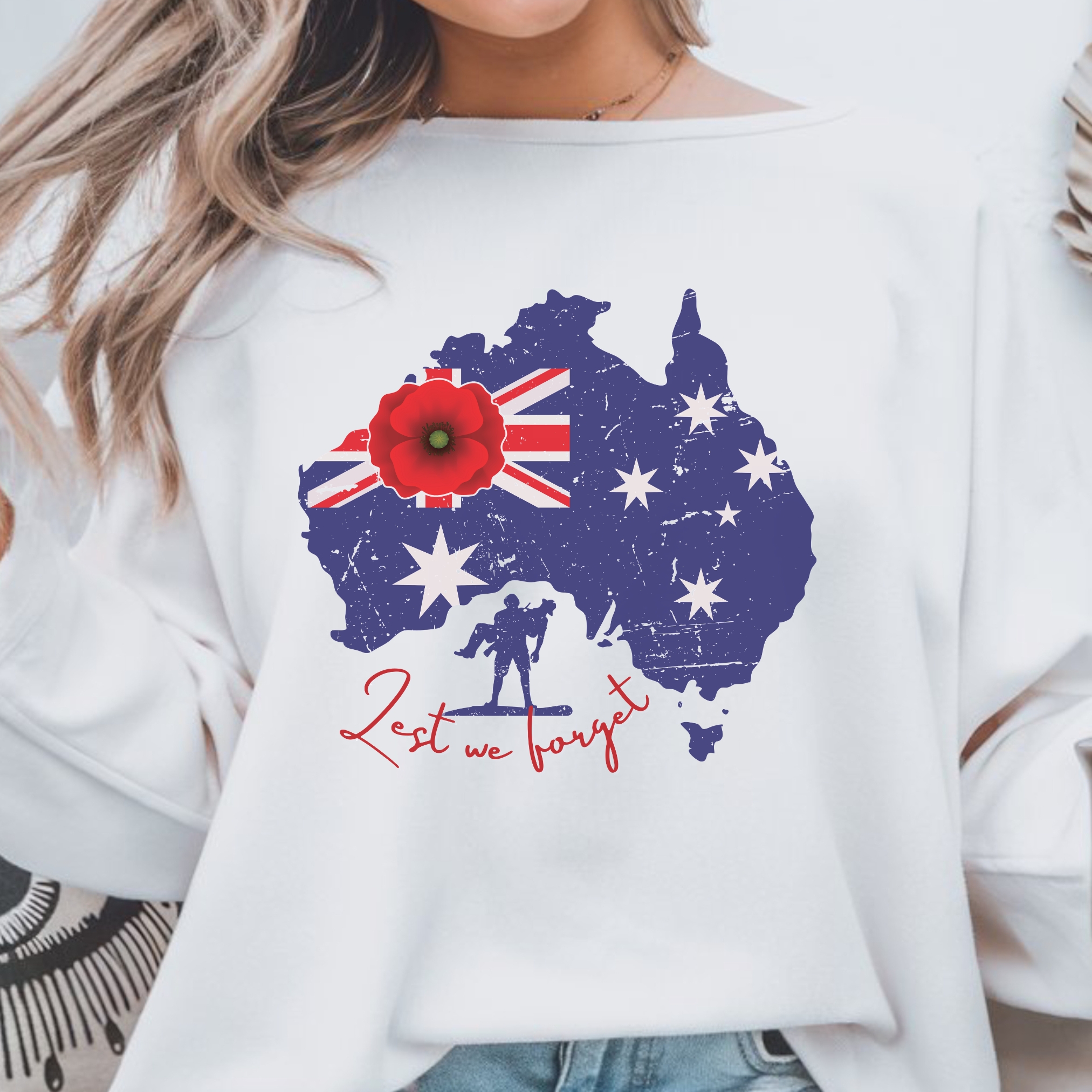 Australian ANZAC Day Clothing, Lest We Forget Australian Flag with Poppy Remembrance Jumper