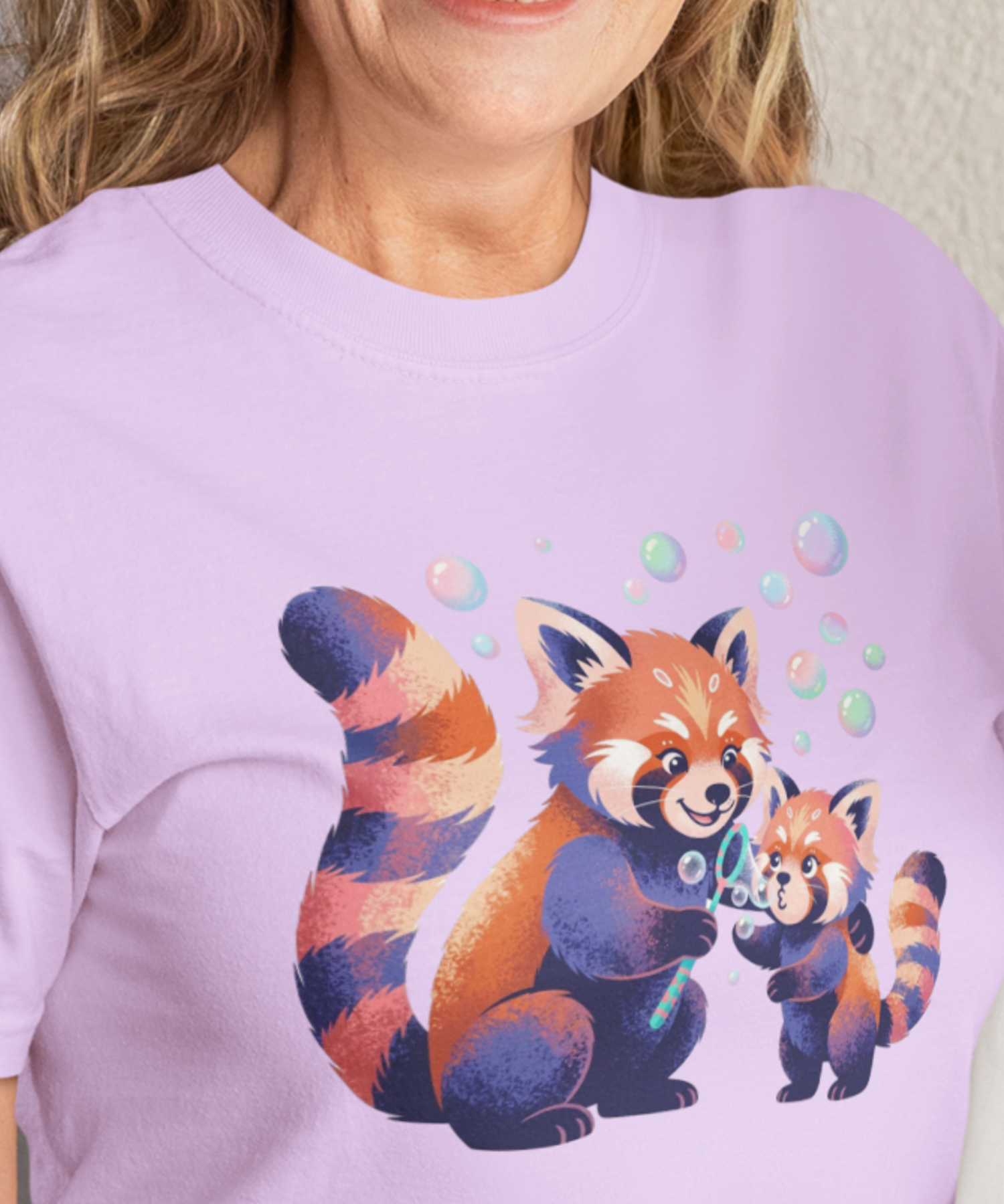  Red Panda Mother &amp; Daughter Comfort Colors Unisex Adult T-Shirt, Cute Animal Lovers Blowing Bubbles Parent and Baby Design, Mother's Day Gift Tee