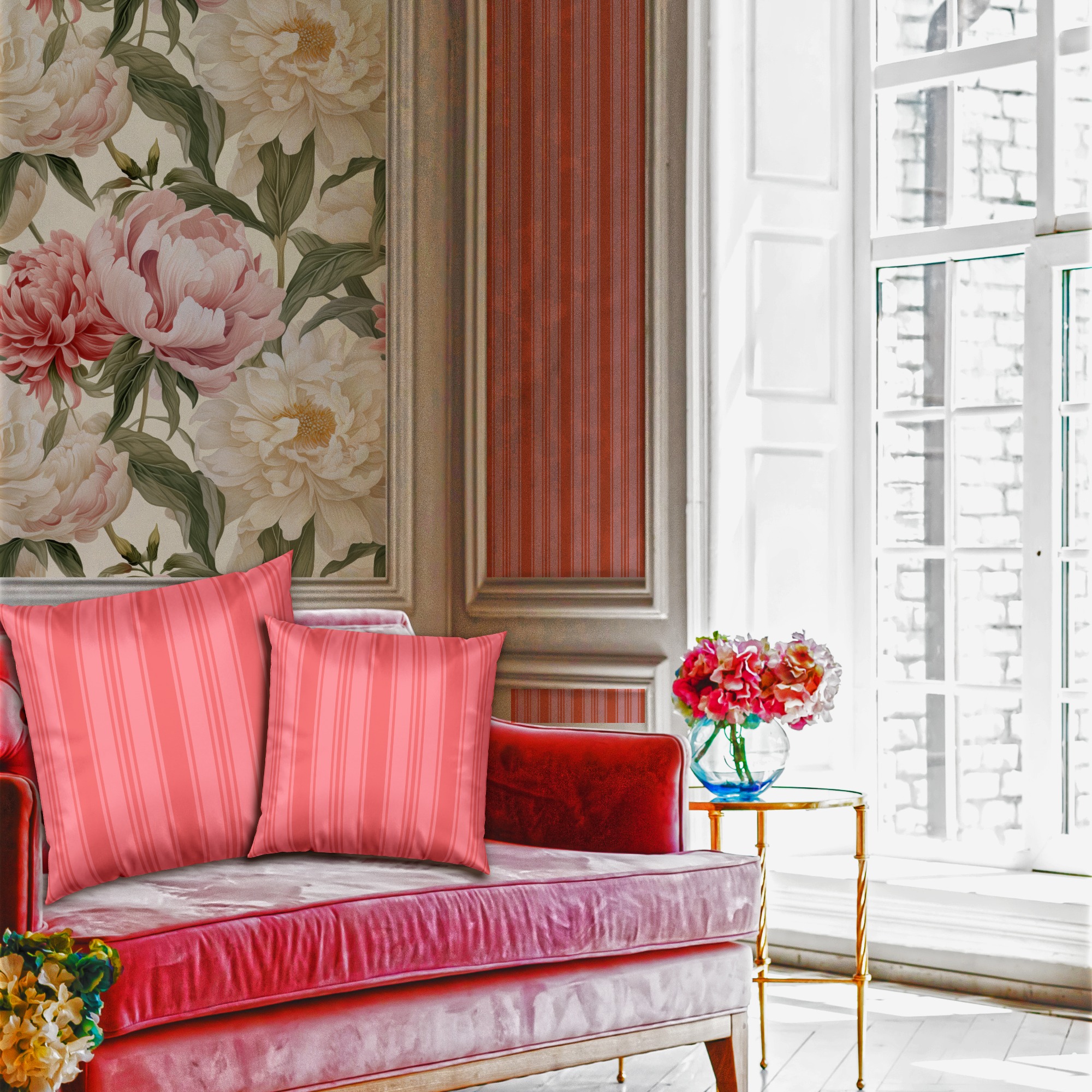 Decorative Velvet Pillow - Coral Ticking Stripe Accent Pillow