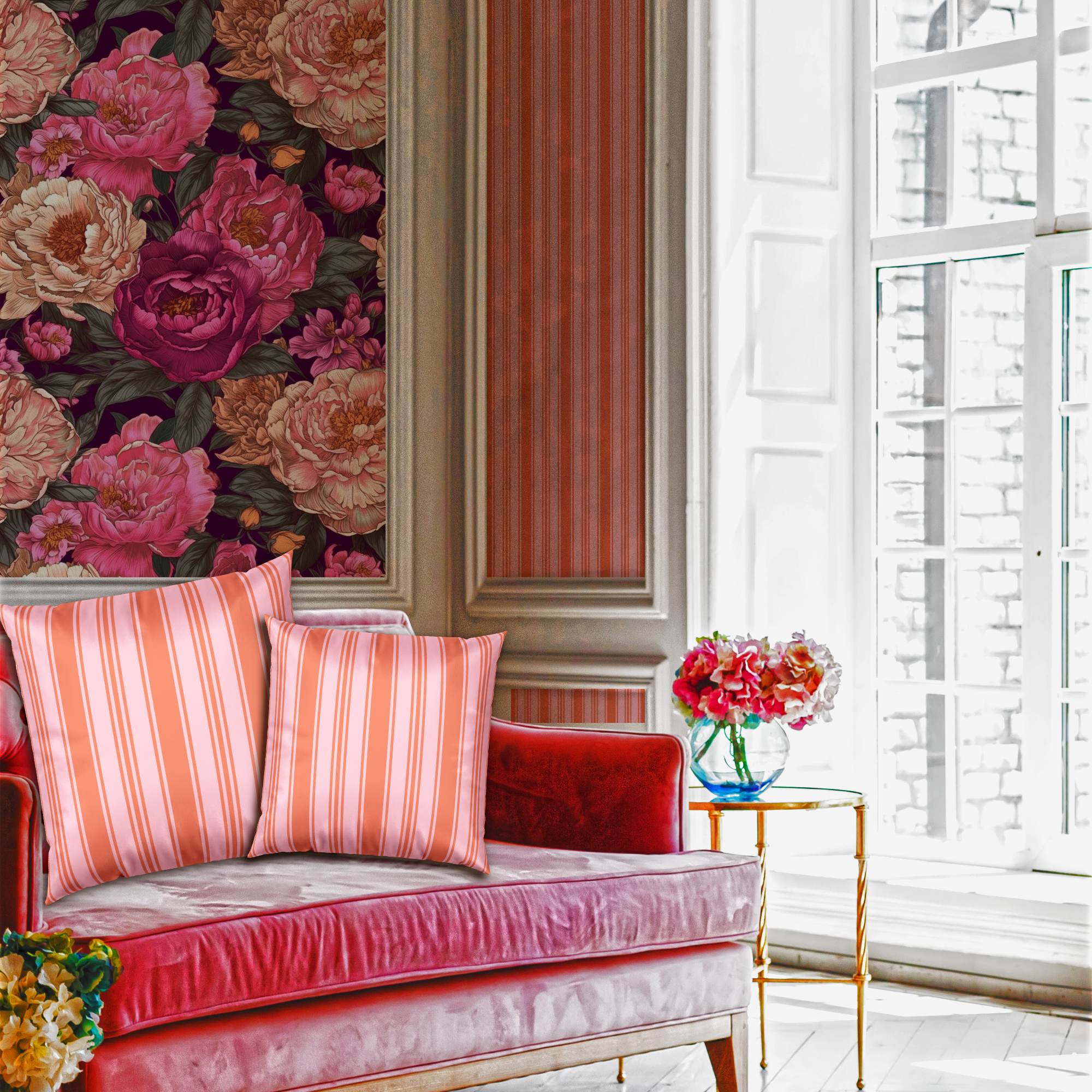 Velvet Accent Pillow - Pink and Orange Ticking Stripe Pillow
