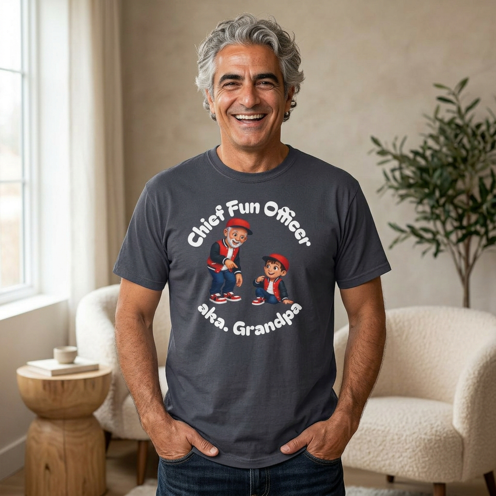 Chief Fun Officer T-Shirt — GrandDad &amp; Kid Cartoon Duo Graphic Tee product thumbnail image