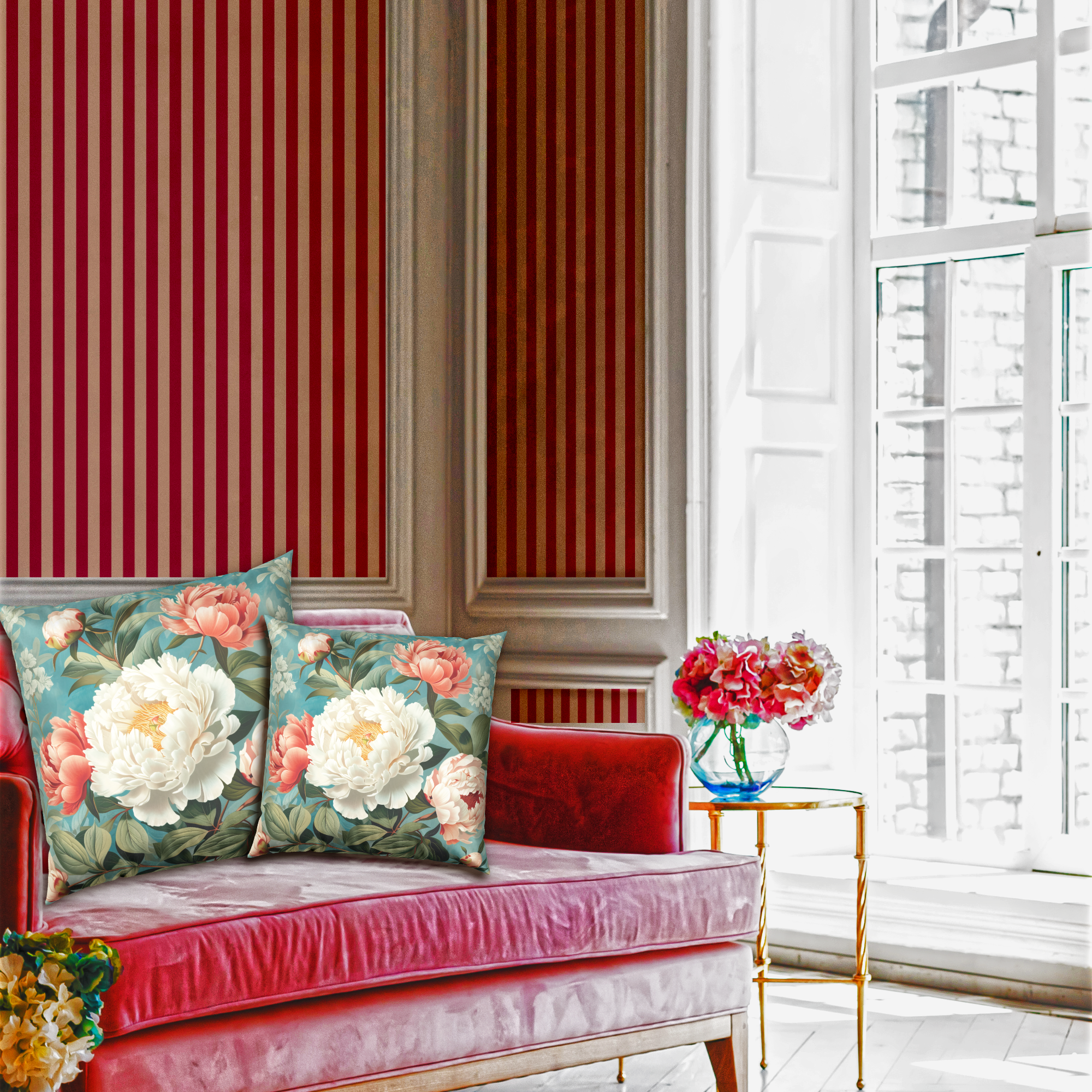 Floral Velvet Throw Pillow - Pink and Cream Peonies on Blue Vintage Decorative Pillow