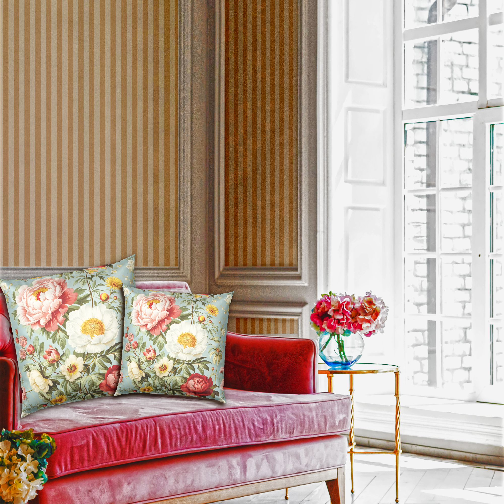 Velvet Floral Throw Pillow - Peonies and Daisies on Mint Vintage Decorative Pillow