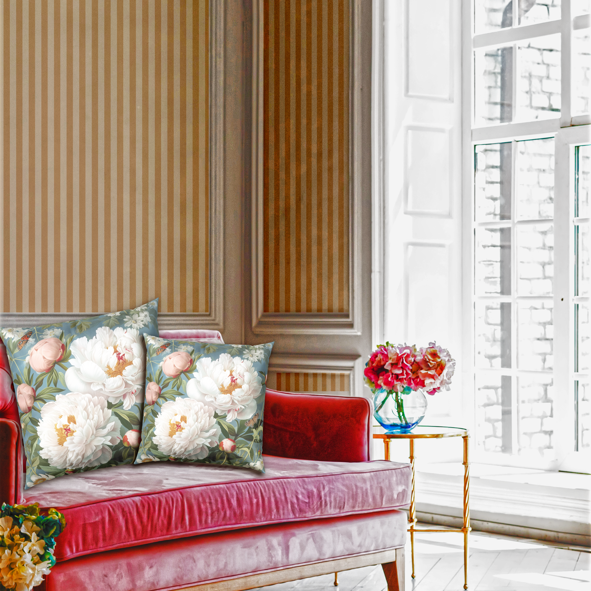 Velvet Throw Pillow - Elegant Peonies and Butterflies Decorative Pillow product thumbnail image