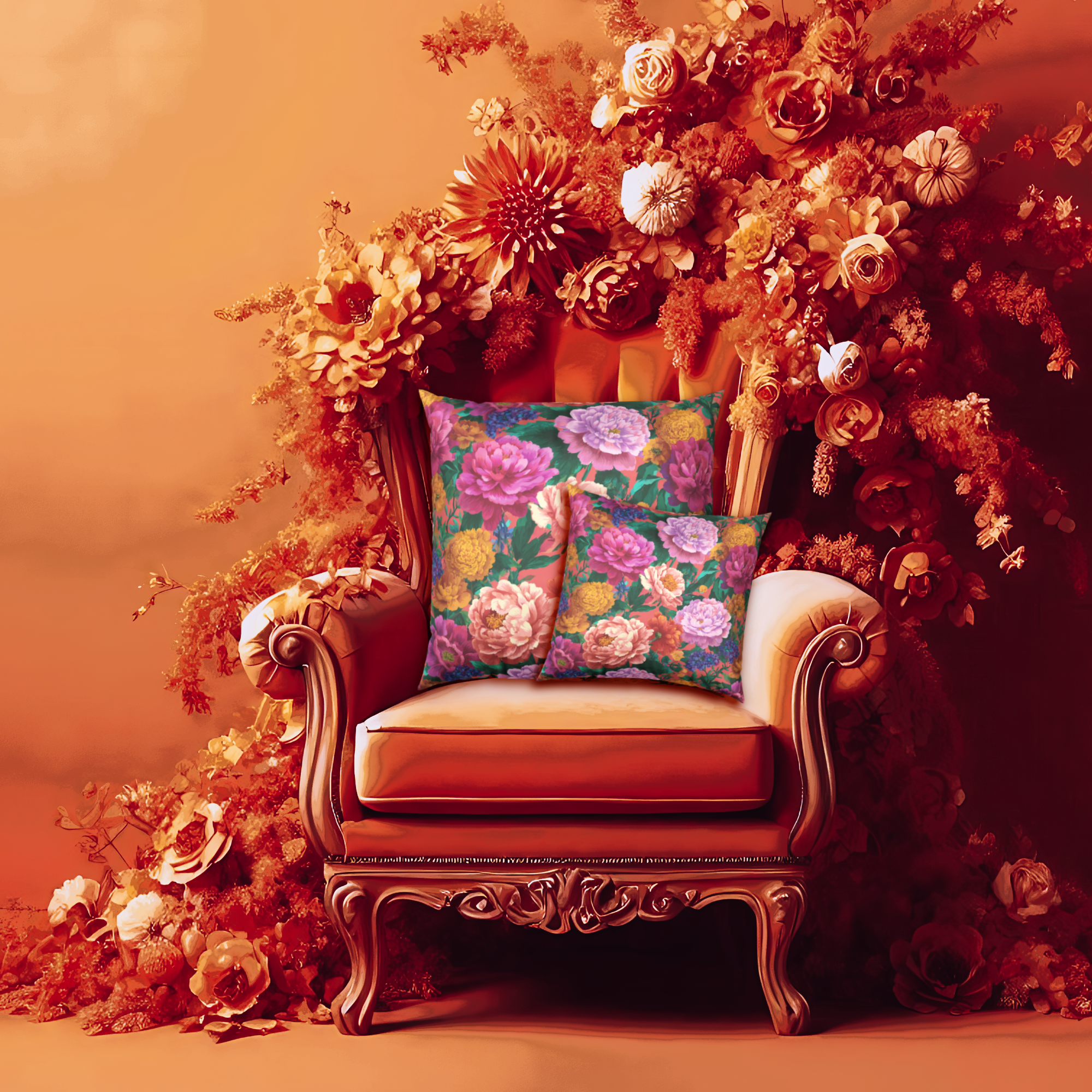 Floral Velvet Pillow - Vibrant Peony Garden Throw Pillow