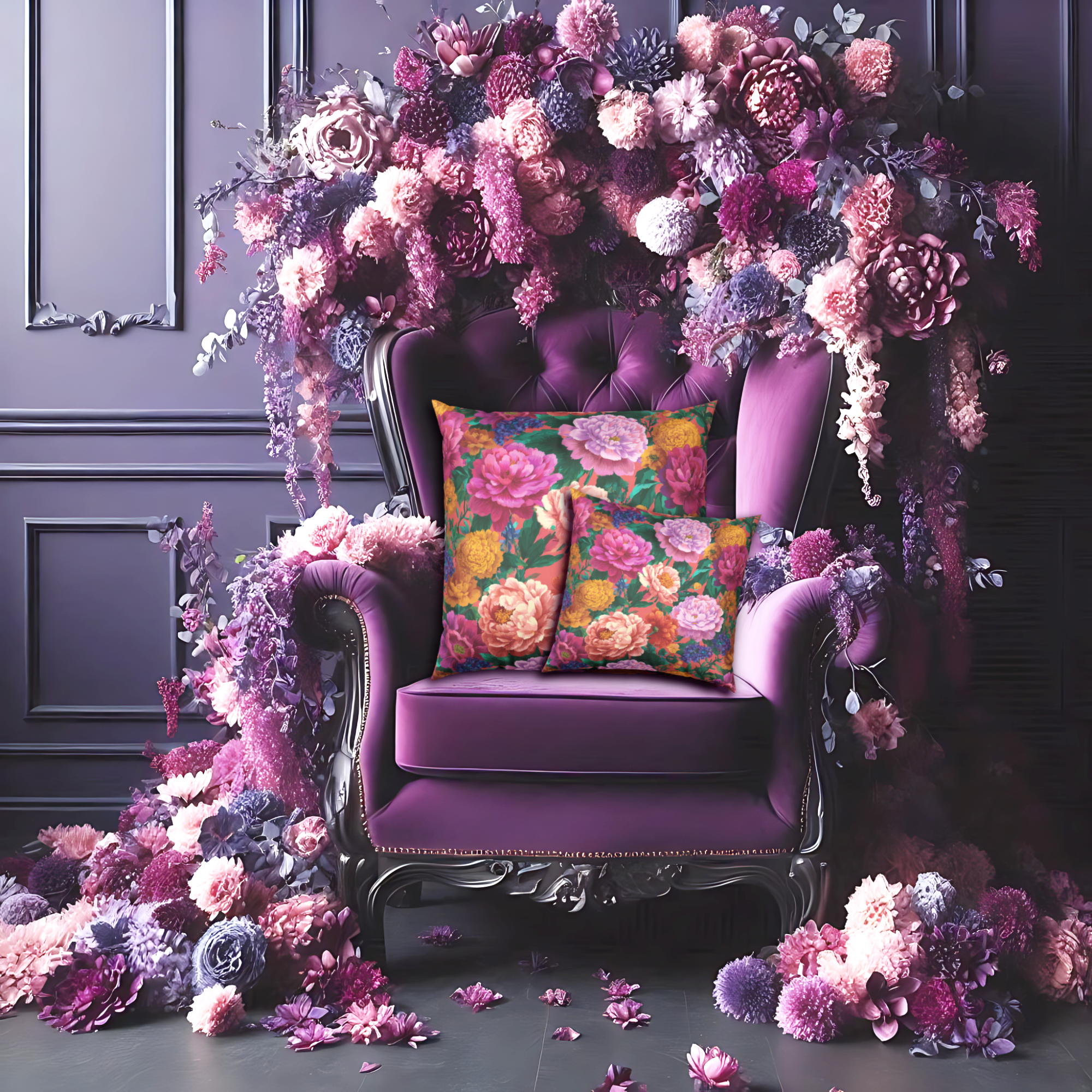 Floral Velvet Pillow - Vibrant Peony Garden Throw Pillow product thumbnail image