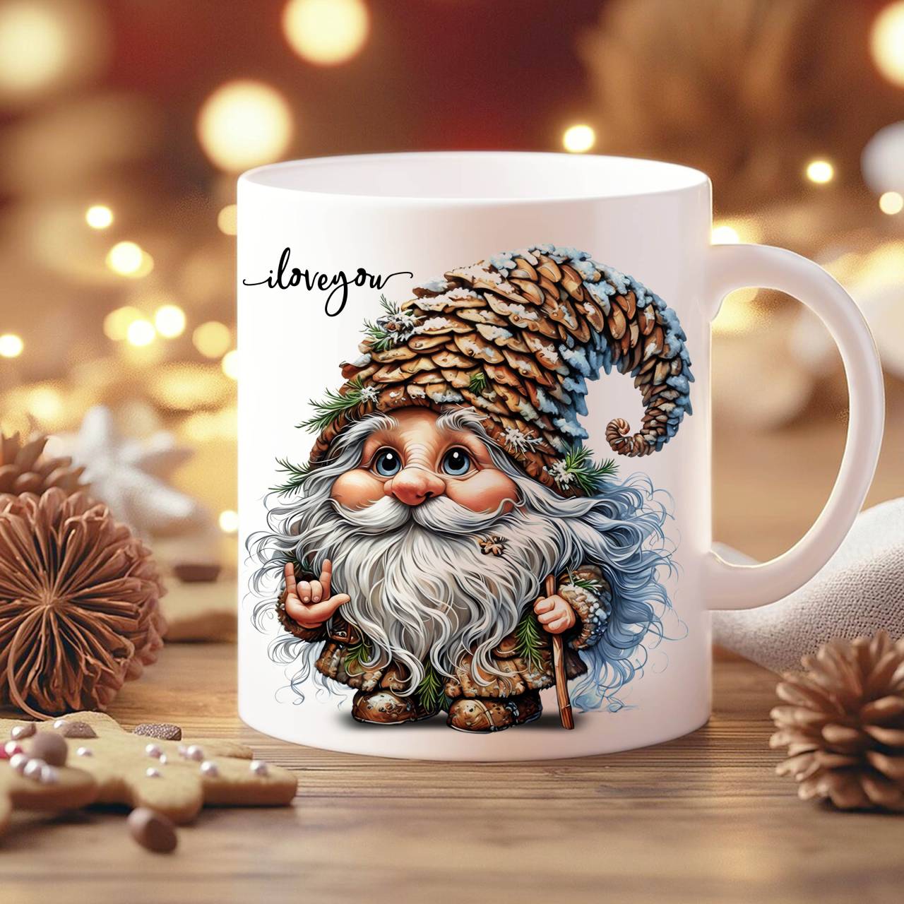 ASL Pine Tree ILY Gnome Ceramic Mug - American Sign Language I Love You Cozy Coffee Cup (11oz, 15oz)