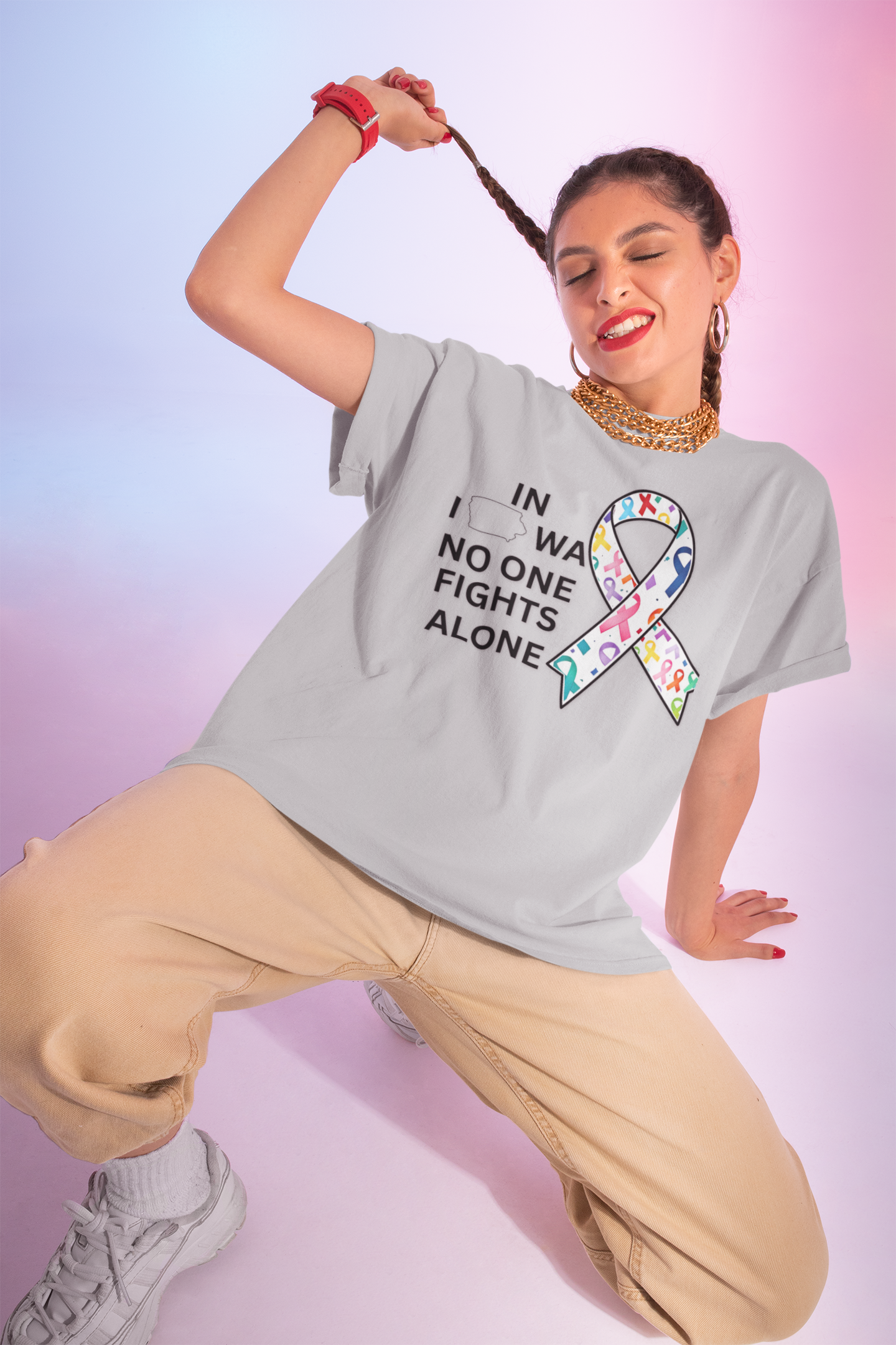 No One Fights Alone In Iowa - All Cancers Support Tee product thumbnail image No One Fights Alone In Iowa - All Cancers Support Tee product thumbnail image