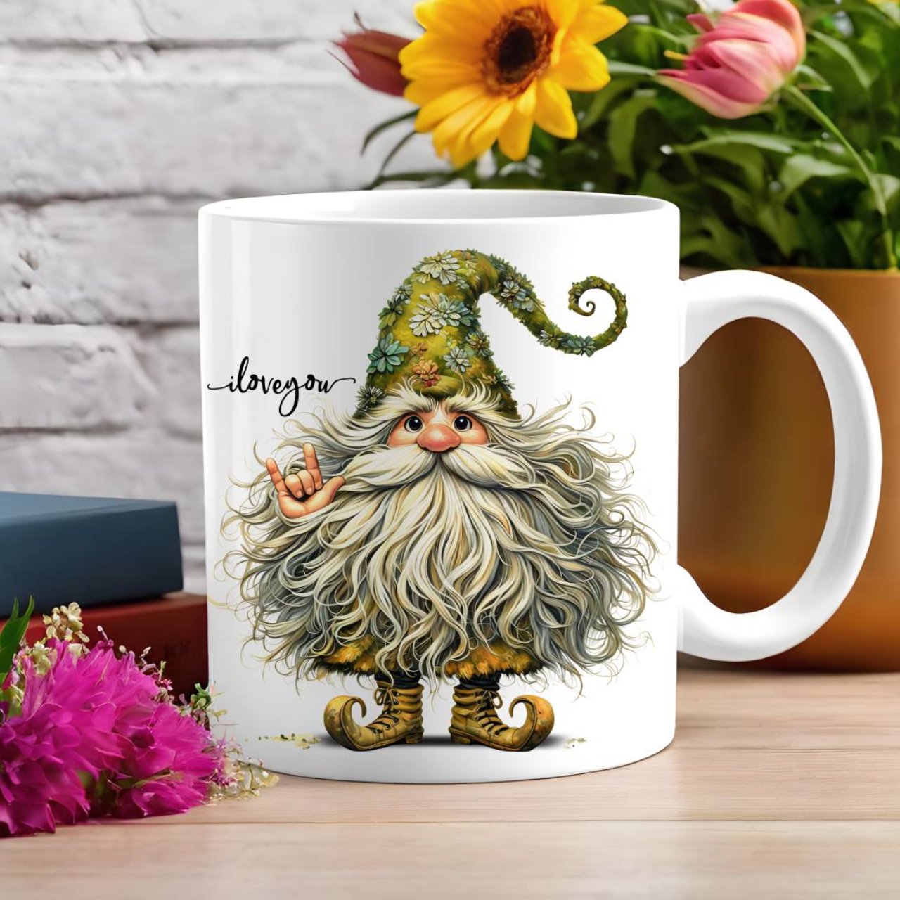 ASL Whimsical Hedgewitch Illustration "Magical" ILY Gnome Ceramic Mug - American Sign Language I Love You Whimsical Hedgewitch Illustration "Magical" Coffee Mug (11oz &amp; 15oz) product thumbnail image