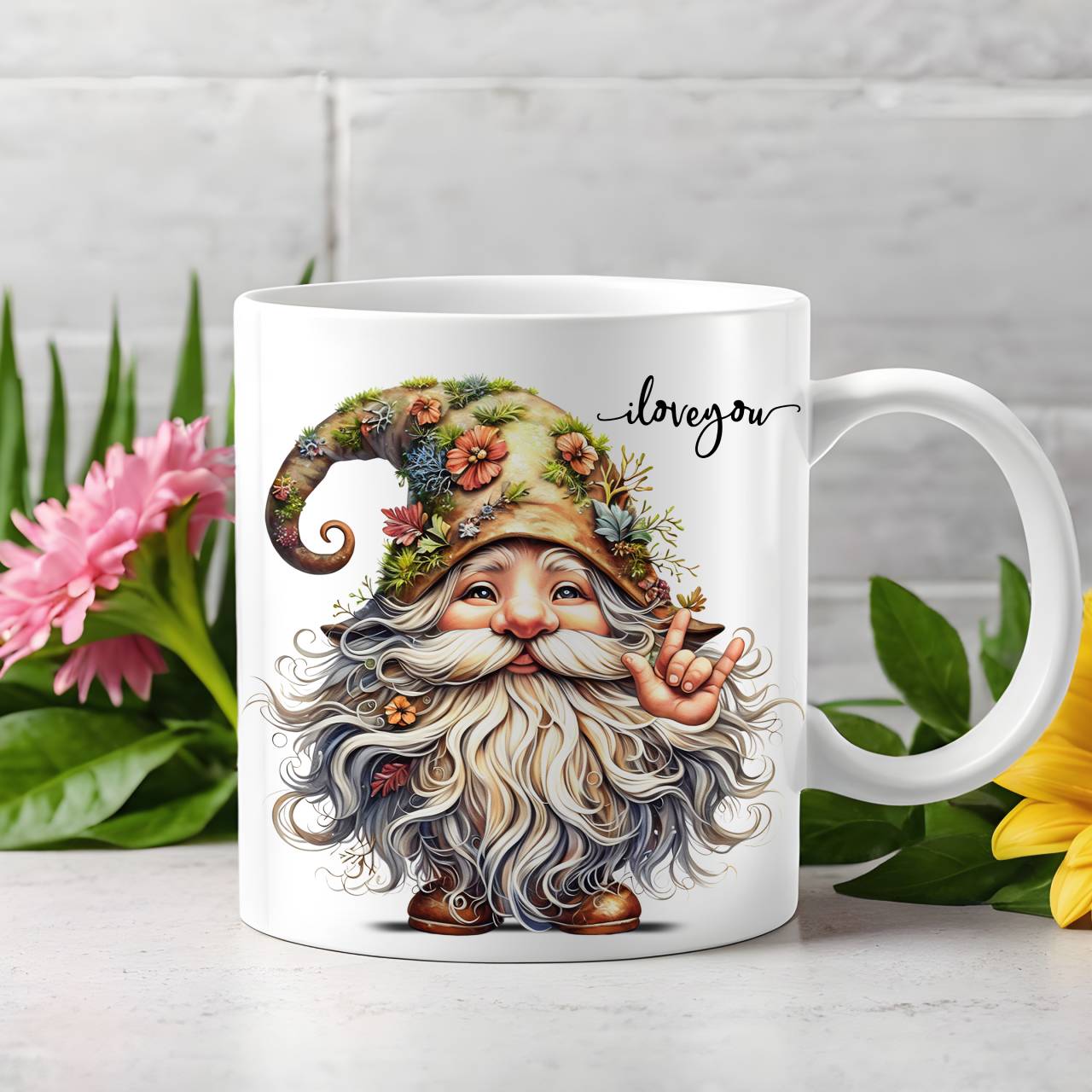 ASL Whimsical Hedgewitch Illustration "Magical" ILY Gnome Ceramic Mug - American Sign Language I Love You Whimsical Hedgewitch Illustration "Magical" Coffee Mug (11oz &amp; 15oz)