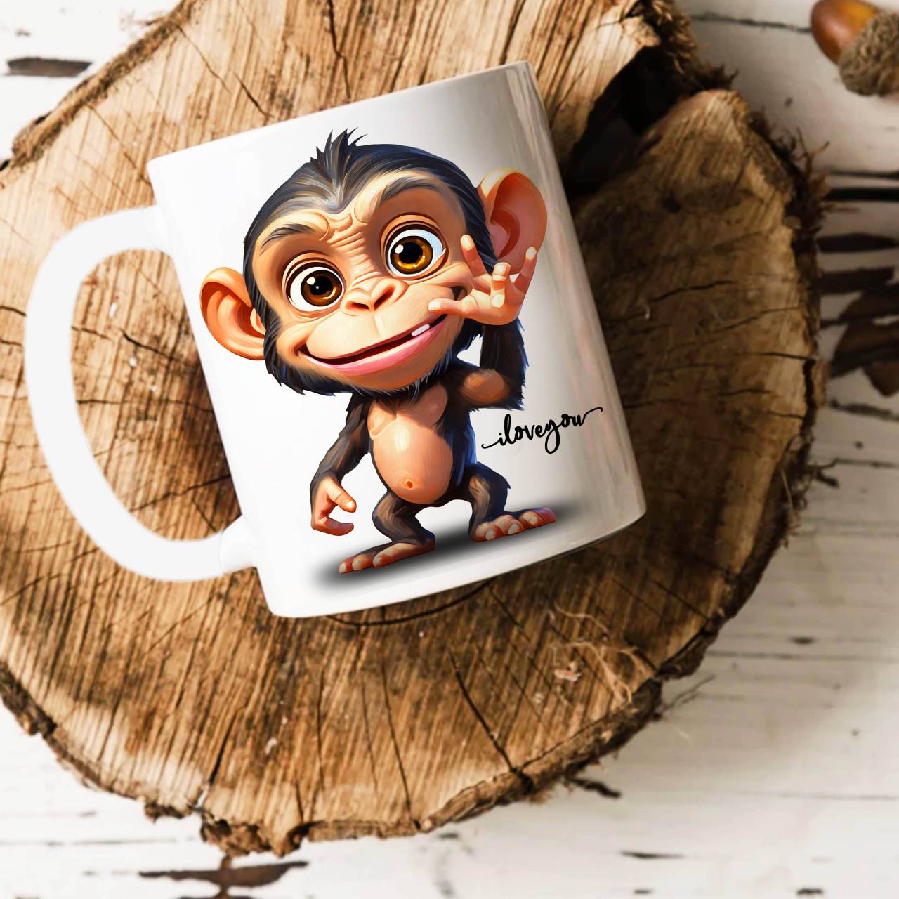 ASL Cute ILY Baby Monkey Ceramic Mug - Adorable Cartoon Primate Coffee Cup (11oz, 15oz) product thumbnail image