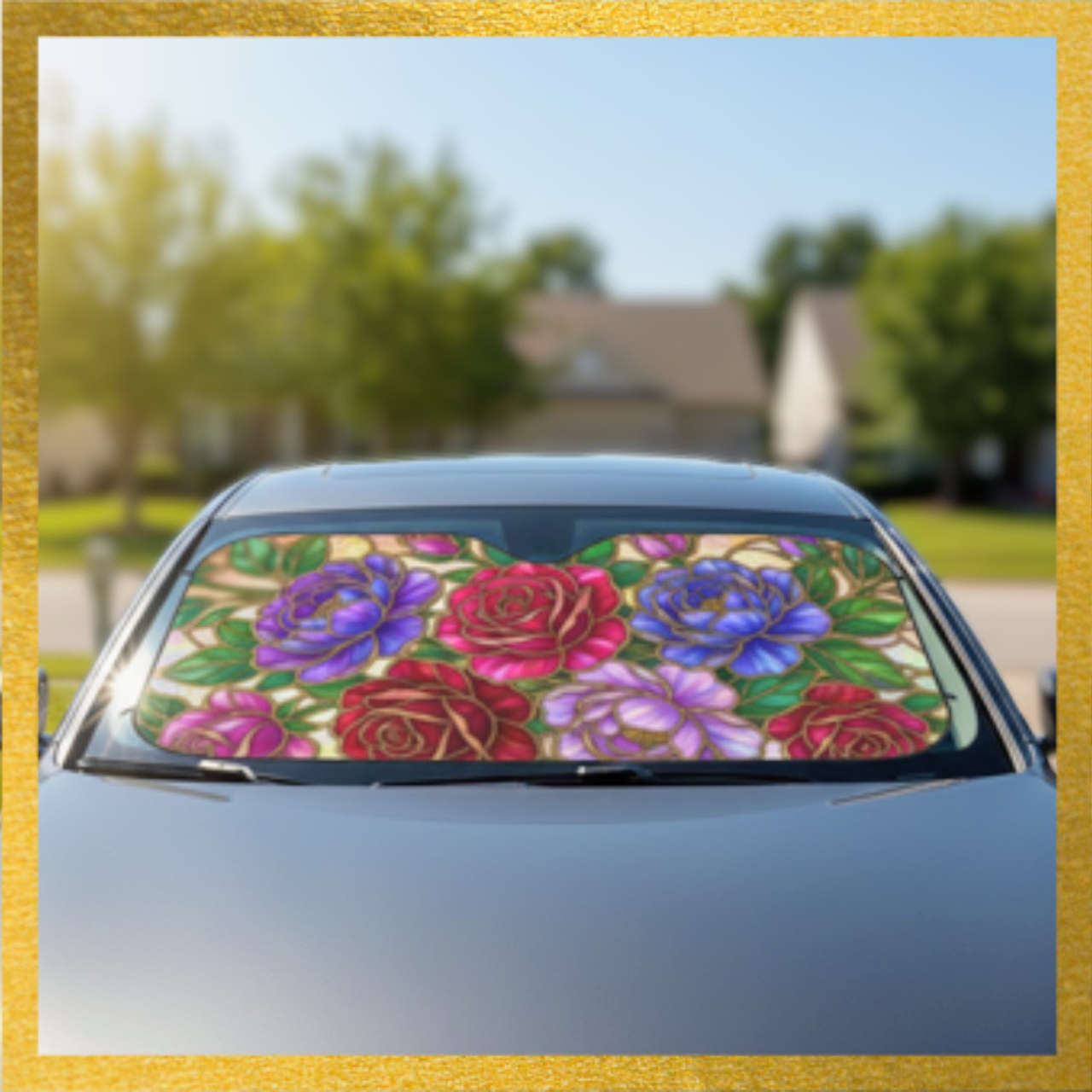 Floral Stained Glass Car Sun Shade — Decorative UV Sunshade product thumbnail image